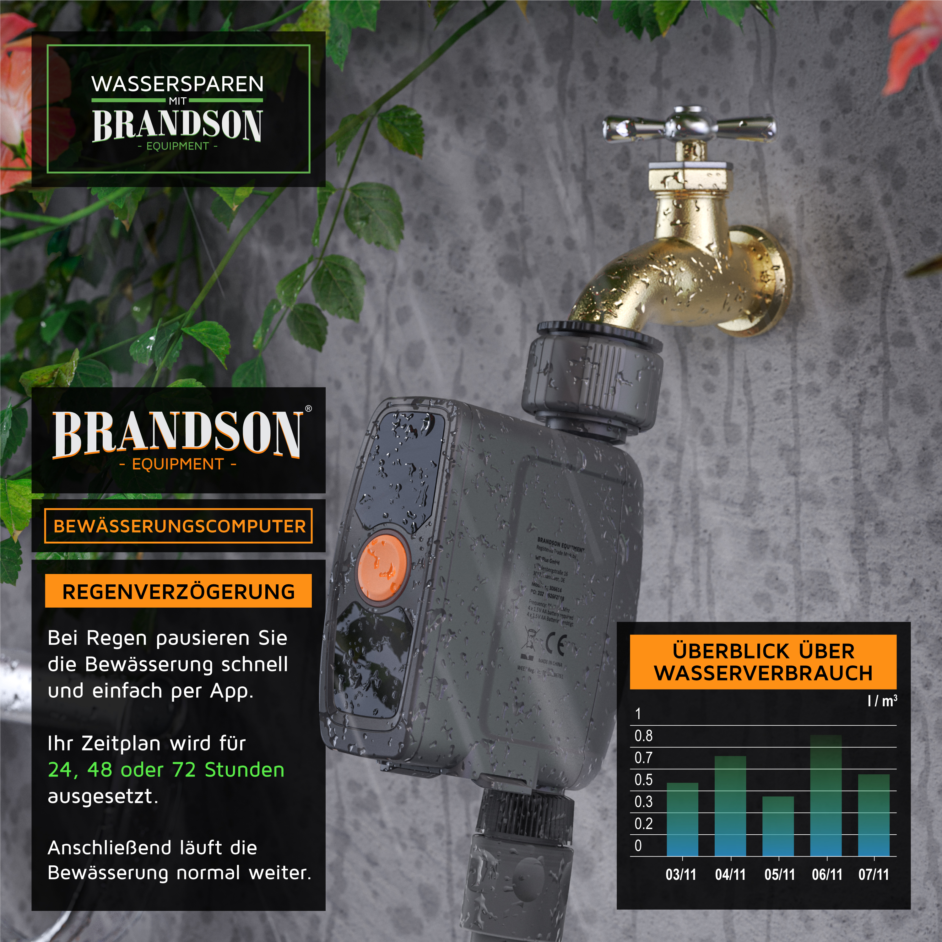 Brandson Bewässerungscomputer in grauem Gehäuse mit orangefarbenem Bedienknopf, montiert an einem Wasserhahn, umgeben von Pflanzen.