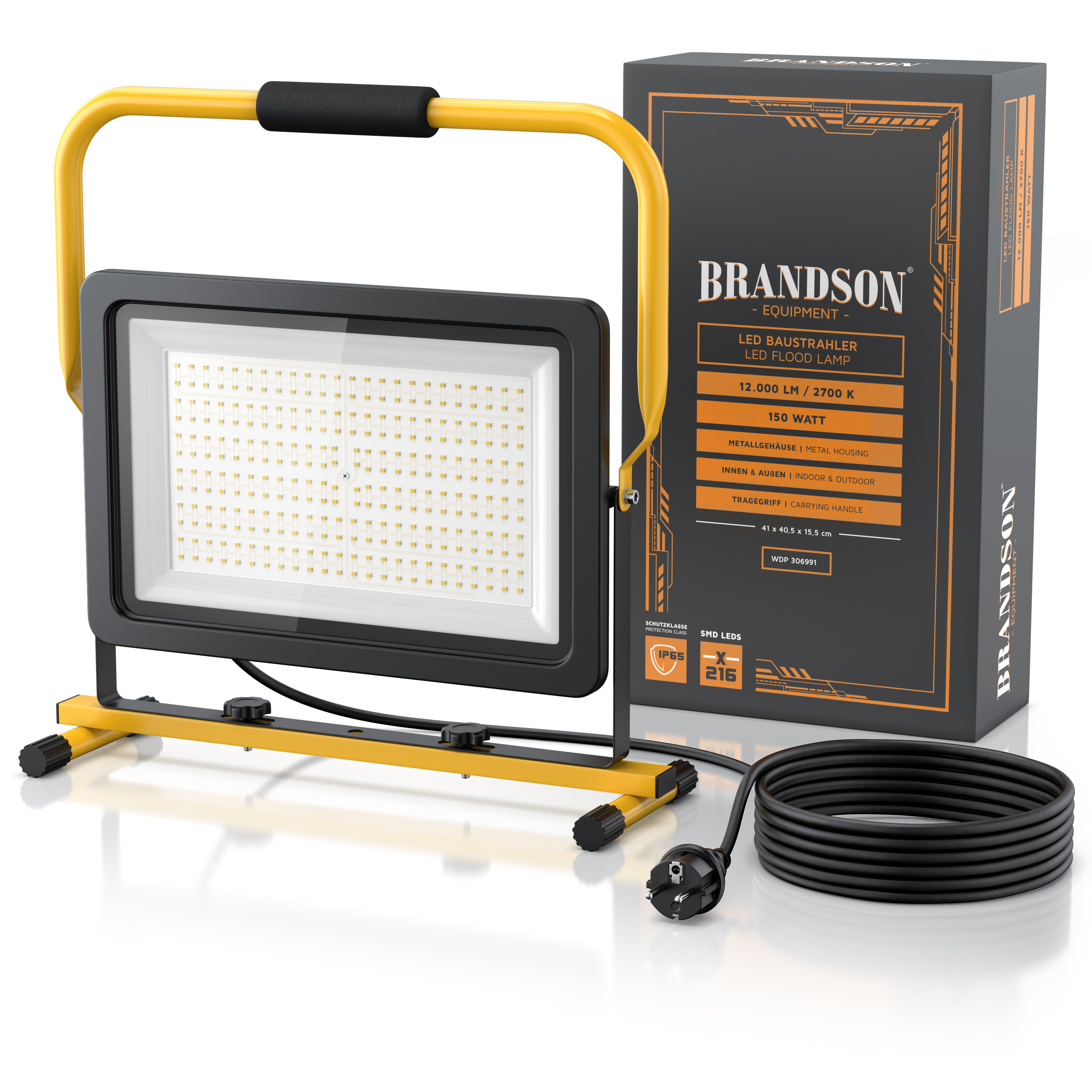 LED-Fluter von Brandson mit stabilem Metallgehäuse, gelbem Tragegriff und Netzkabel, verpackt in einer Markenbox.