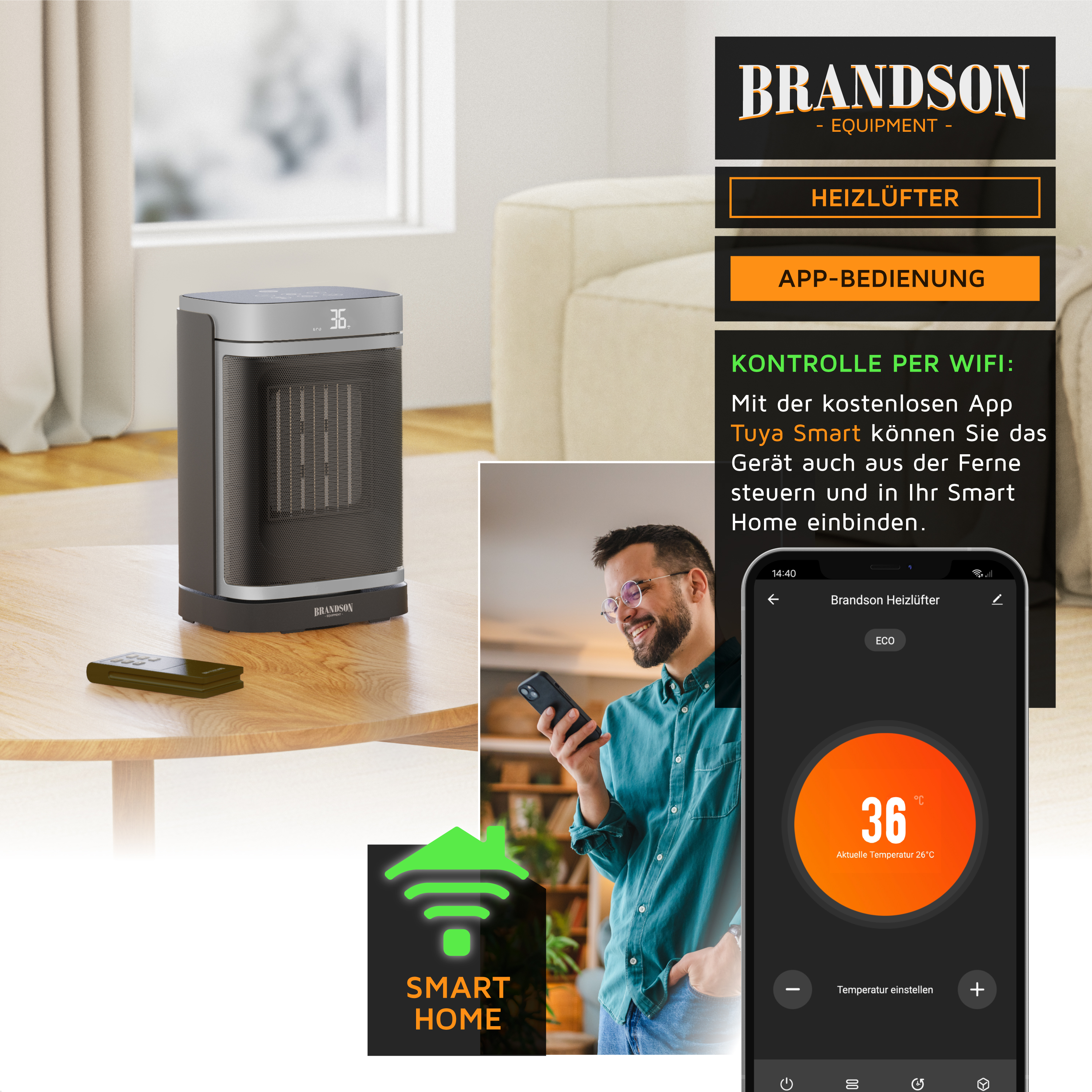 Brandson Heizlüfter im schwarzen Design mit digitalem Display und Fernbedienung, auf einem Tisch in einem hellen Raum platziert.