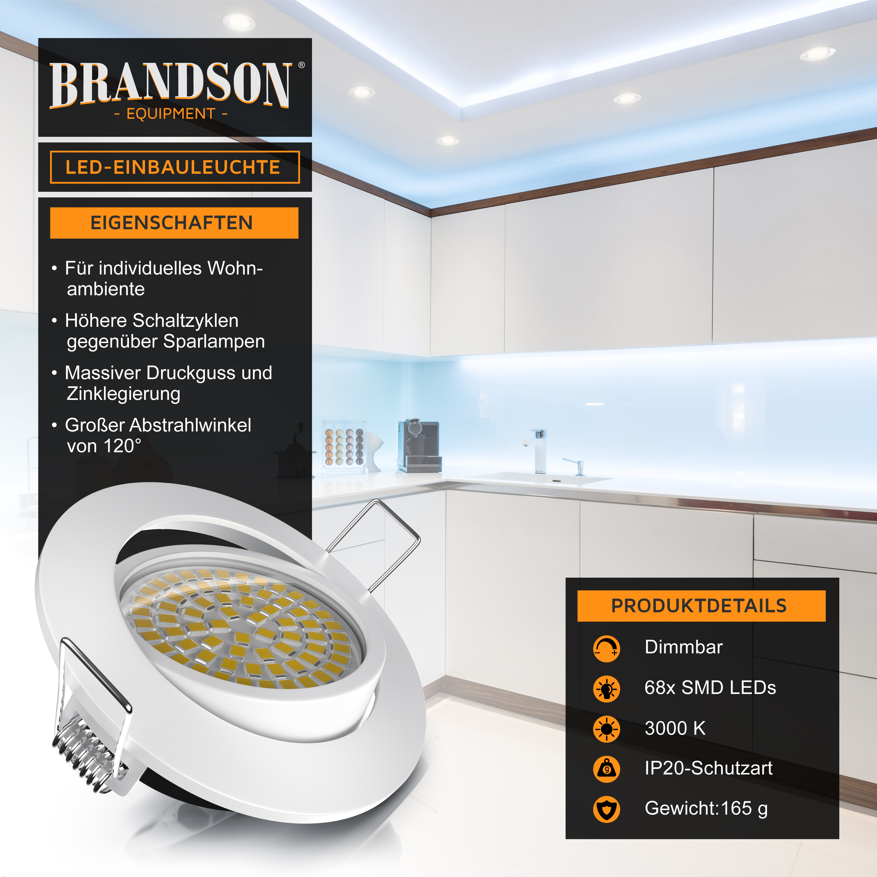 Brandson LED-Downlight mit schlankem, rundem Design, SMD-LEDs, weißer Oberfläche und einem breiten Abstrahlwinkel von 120° für vielseitige Beleuchtung.