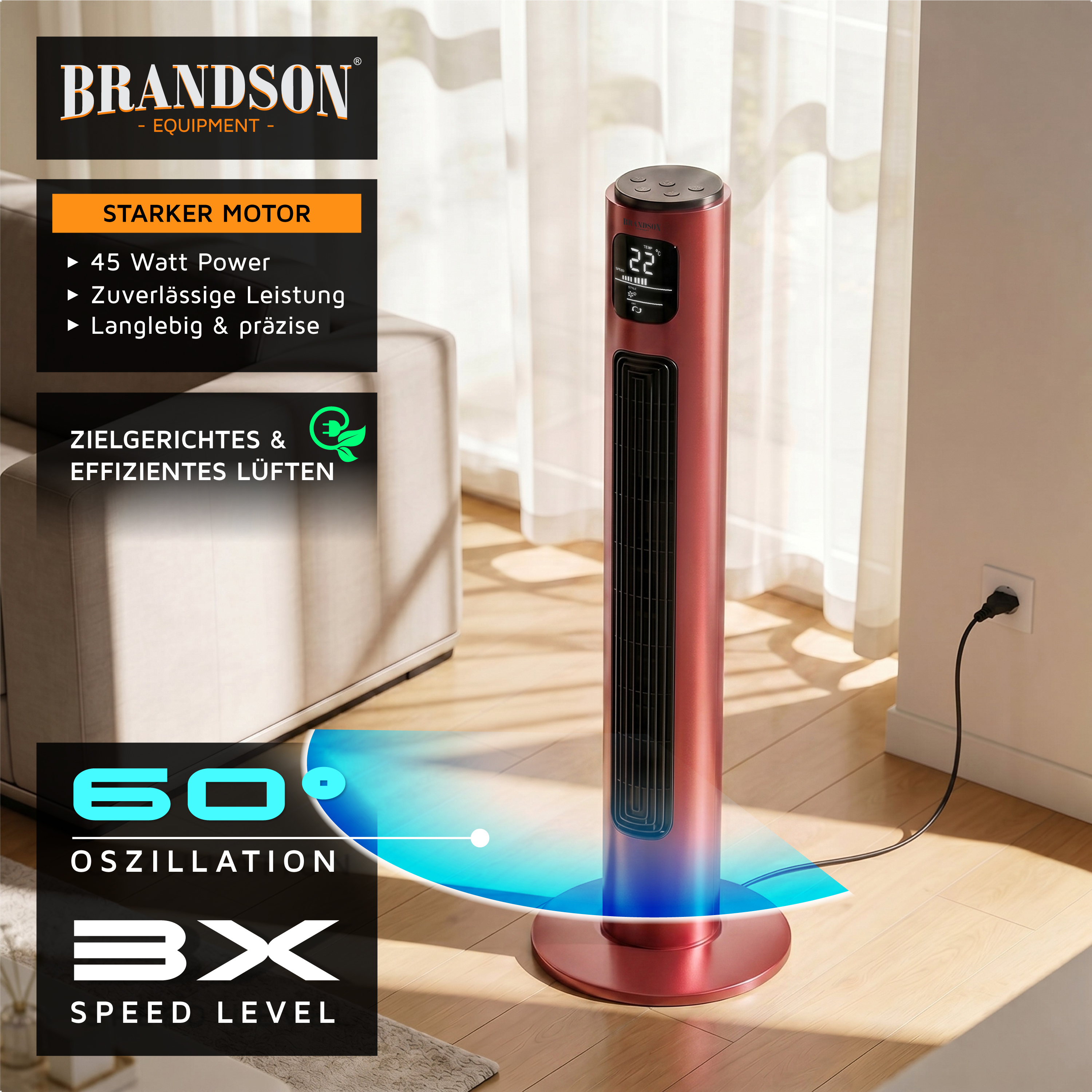 Brandson Turmventilator in Rot mit Digitalanzeige, Fernbedienung und stabilem Standfuß, aufgestellt in einem hellen Wohnzimmer.