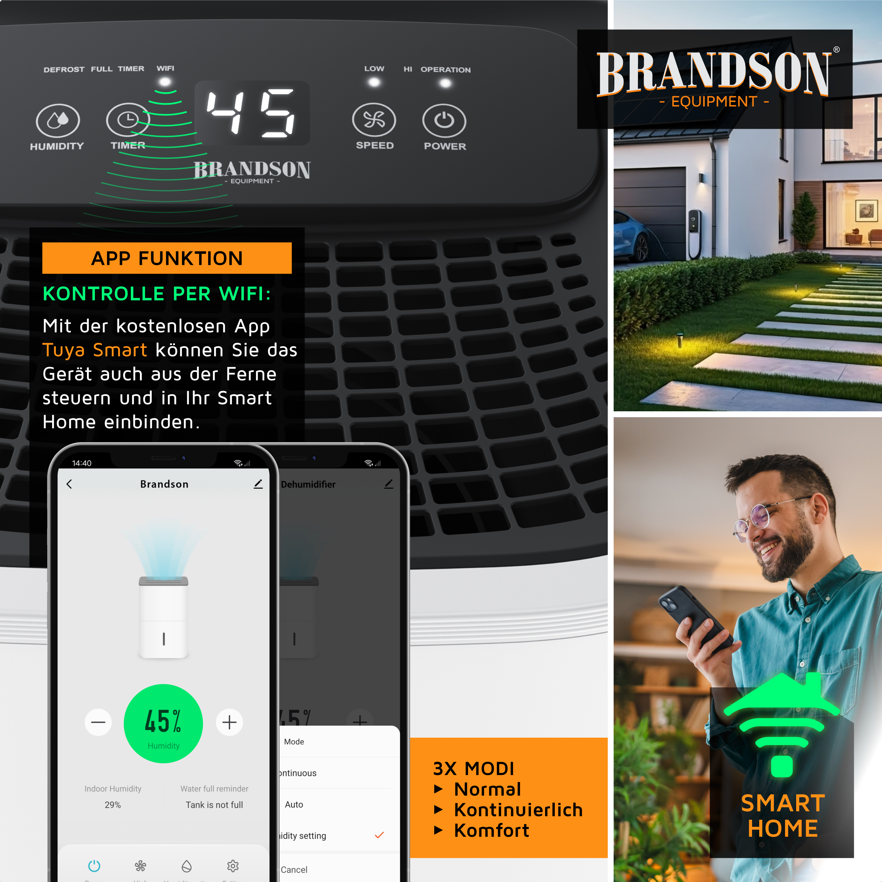 Brandson-Luftentfeuchter mit Digitalanzeige, WLAN-Steuerung über die Tuya Smart-App und benutzerfreundlicher Schnittstelle für die Luftfeuchtigkeitseinstellungen.