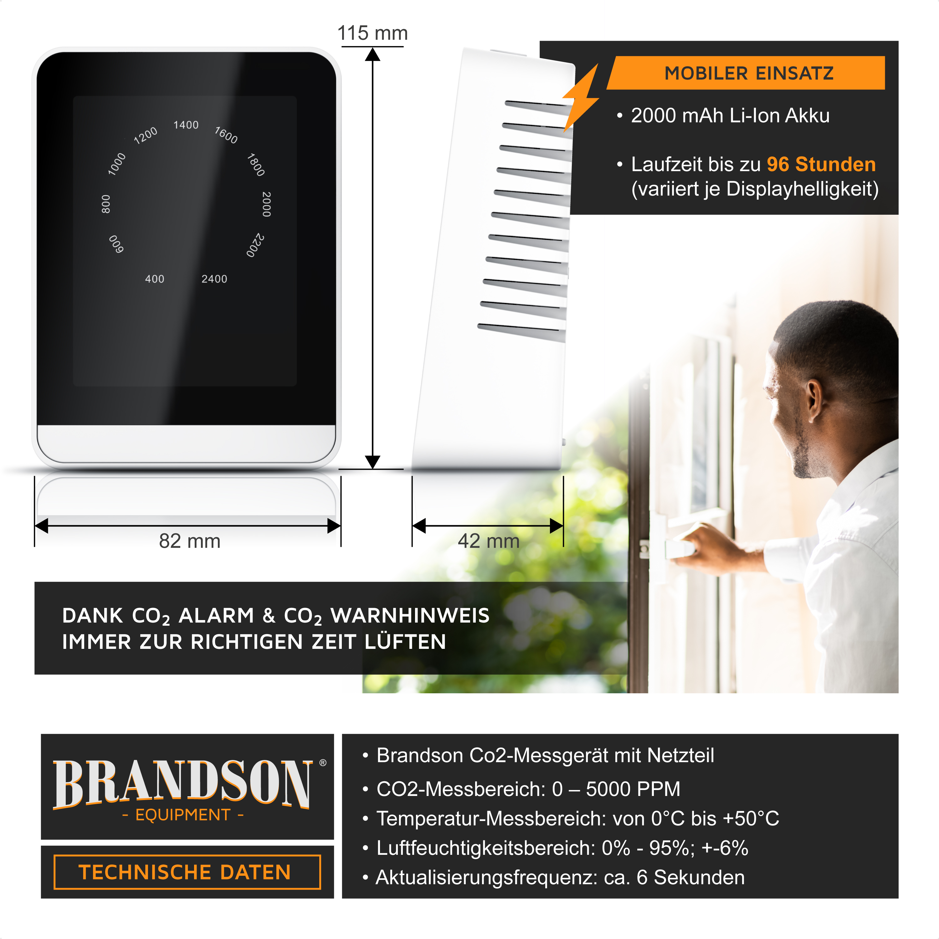 Brandson CO2-Messgerät mit einem weißen Gehäuse, digitalem Display und seitlichen Lüftungsschlitzen für den mobilen Einsatz.