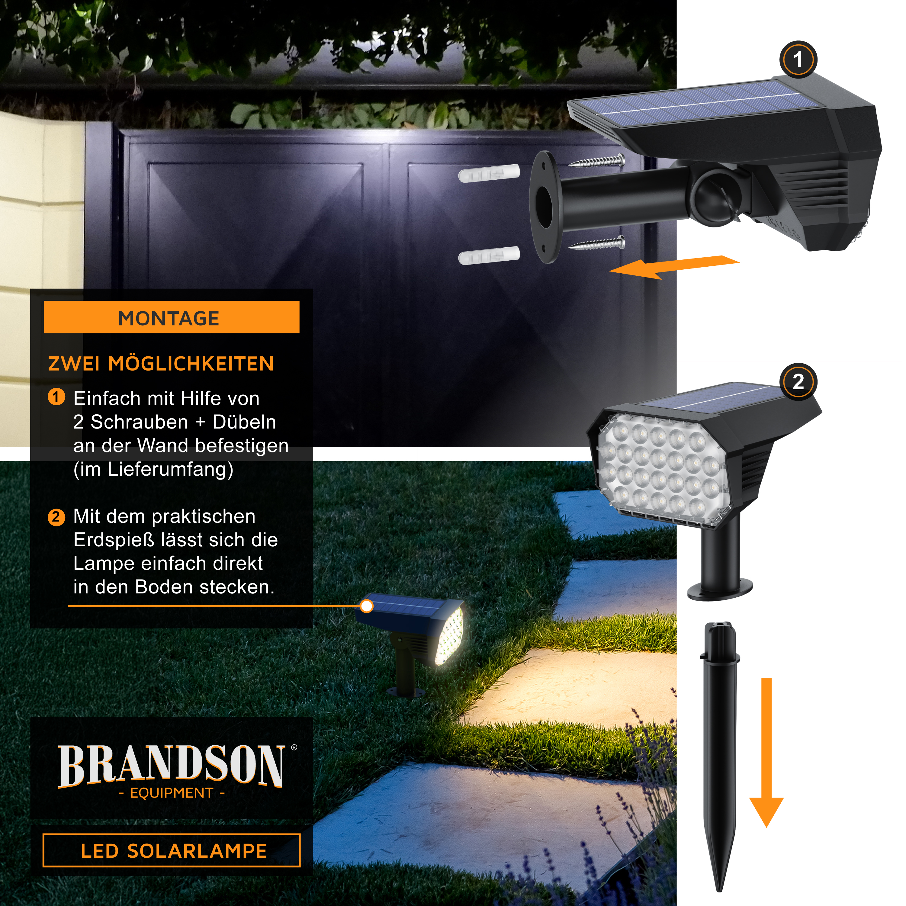 Brandson LED-Solarlampe mit schwarzem Gehäuse, Solarpanel, mehreren LED-Leuchten und Optionen für Wand- oder Bodenmontage.