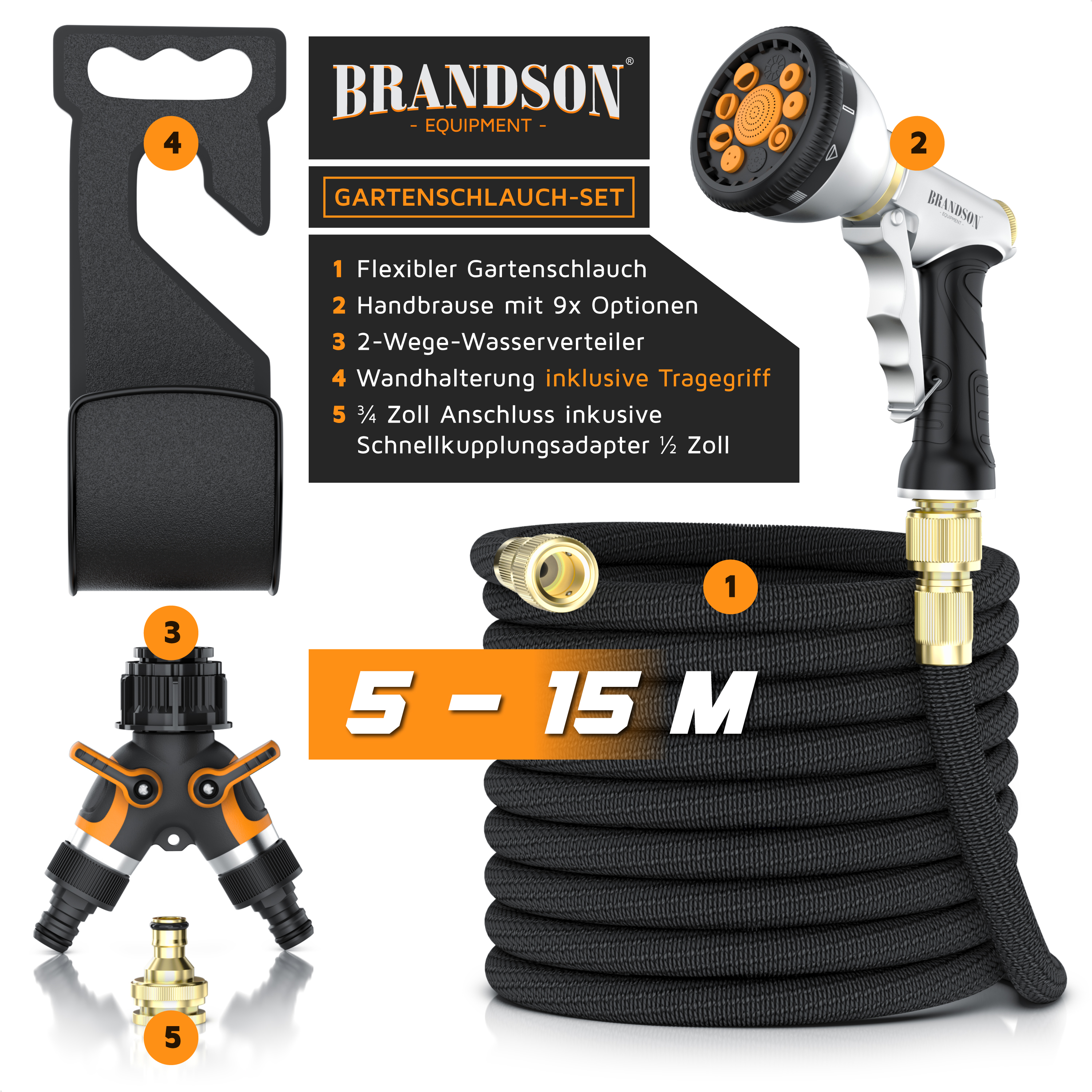 Brandson Gartenschlauch-Set mit flexiblem Schlauch, 9-Funktions-Sprühdüse, 2-Wege-Wasserverteiler und Wandhalter mit Tragegriff.