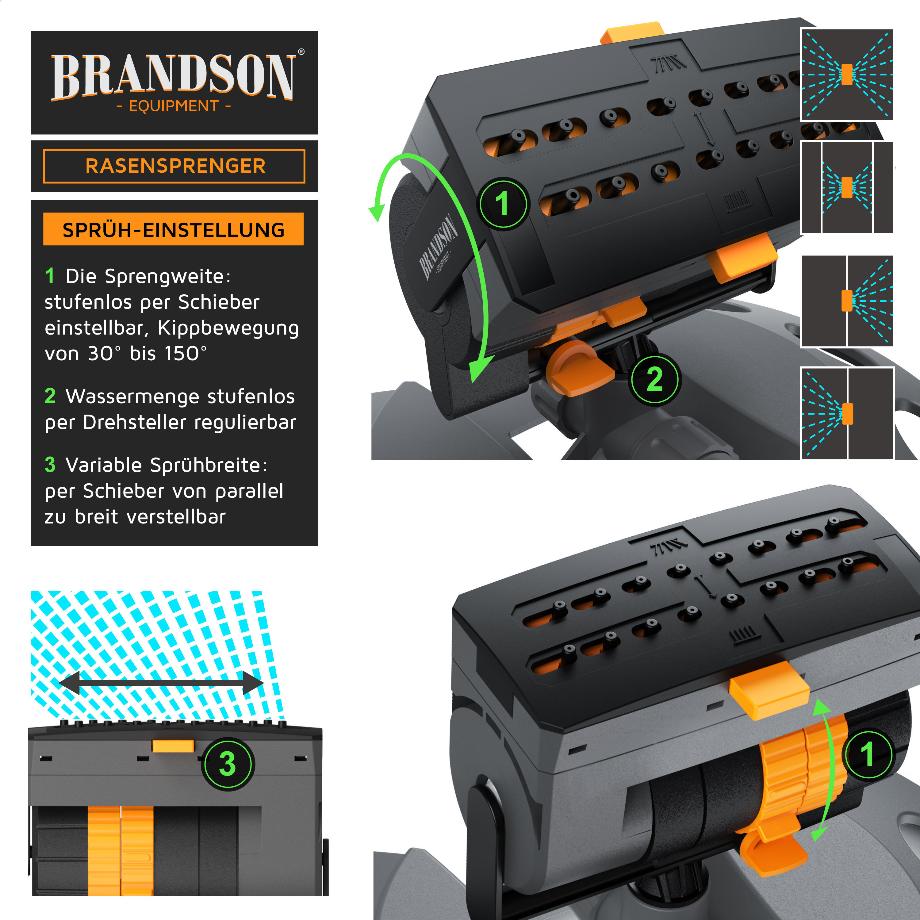 Brandson Rasensprenger mit einstellbarem Sprühwinkel und variabler Sprühbreite, in Schwarz und Orange, für präzise Bewässerung.