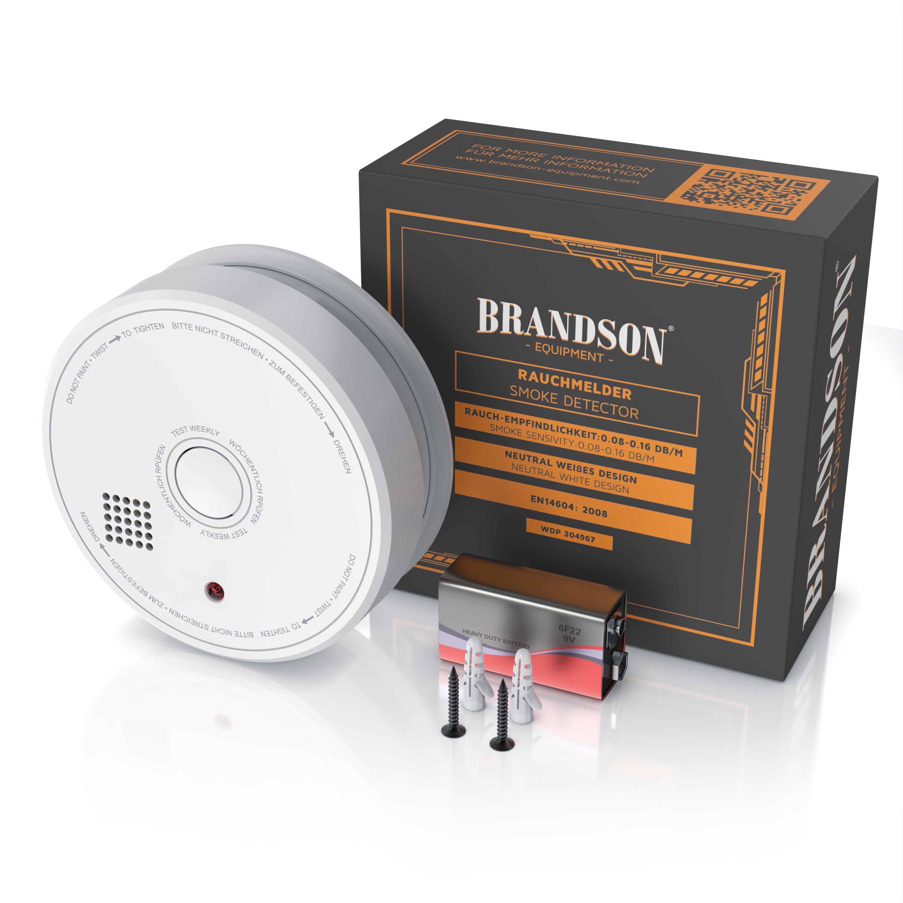 Brandson-Rauchmelder im neutralweißen Design mit Testtaste und sichtbarem Lautsprecher, verpackt mit Befestigungsschrauben.