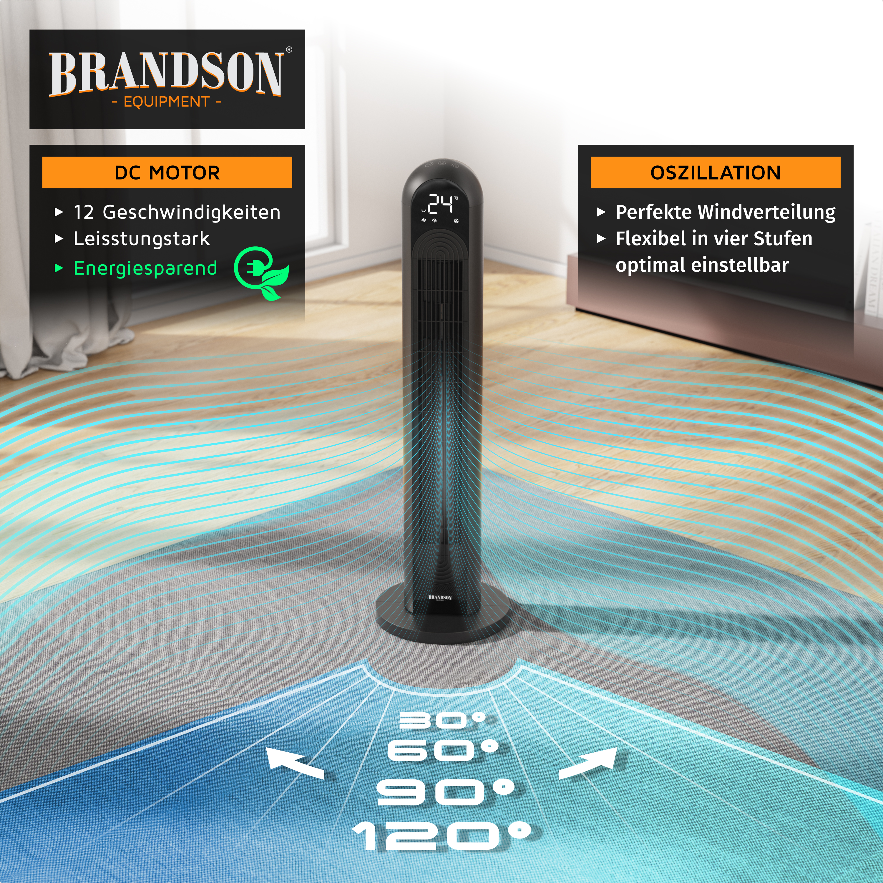 Brandson Turmventilator in Schwarz mit Digitalanzeige, 12 Geschwindigkeitseinstellungen und Oszillation für optimale Luftverteilung.