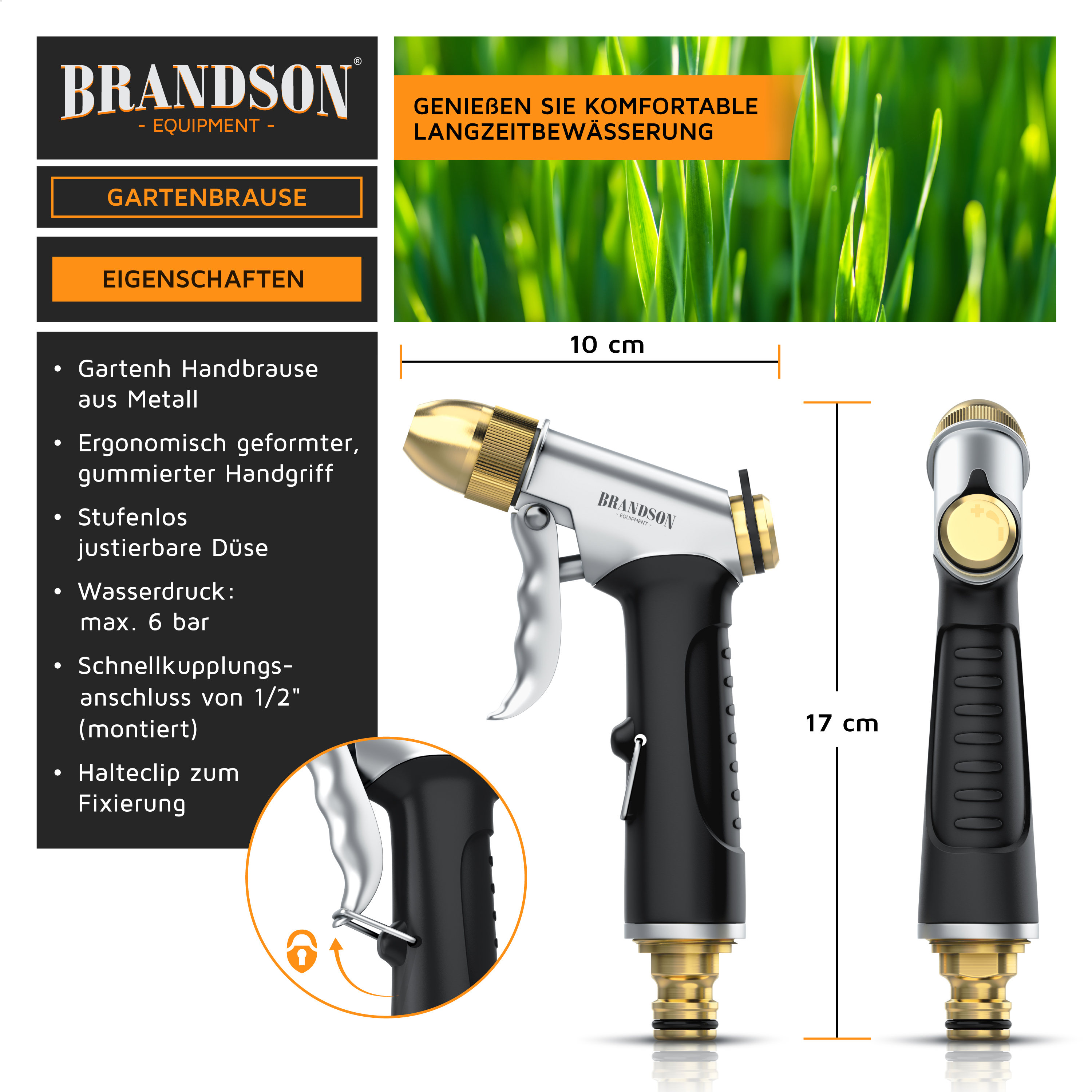 Brandson Gartenspritzpistole aus Metall mit ergonomischem Gummigriff, verstellbarer Düse und Schnellkupplungsanschluss.