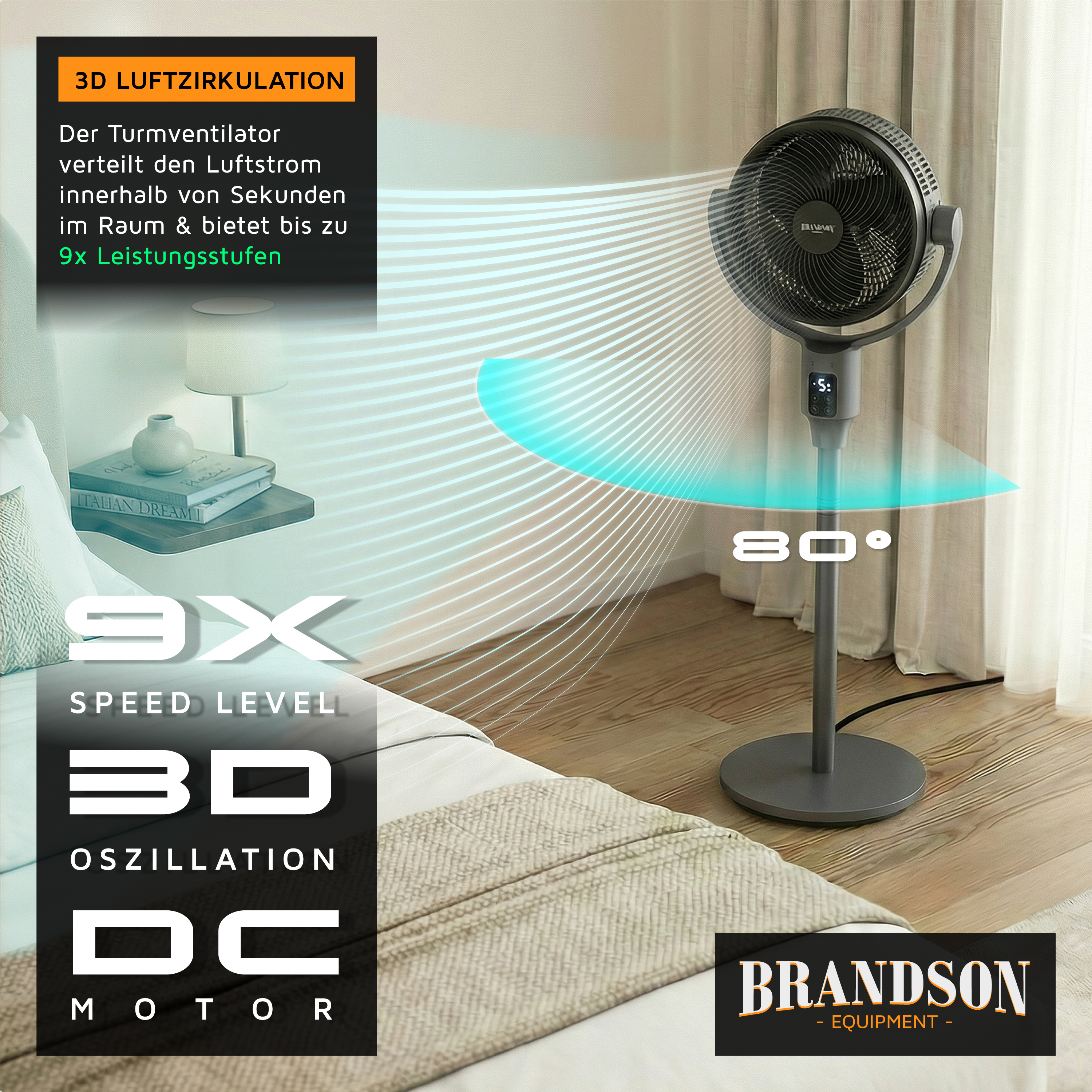 Turmventilator von Brandson mit elegantem Design, schwarzer Farbe, Digitalanzeige und Fernbedienung, der für eine effiziente Luftzirkulation im Raum sorgt.