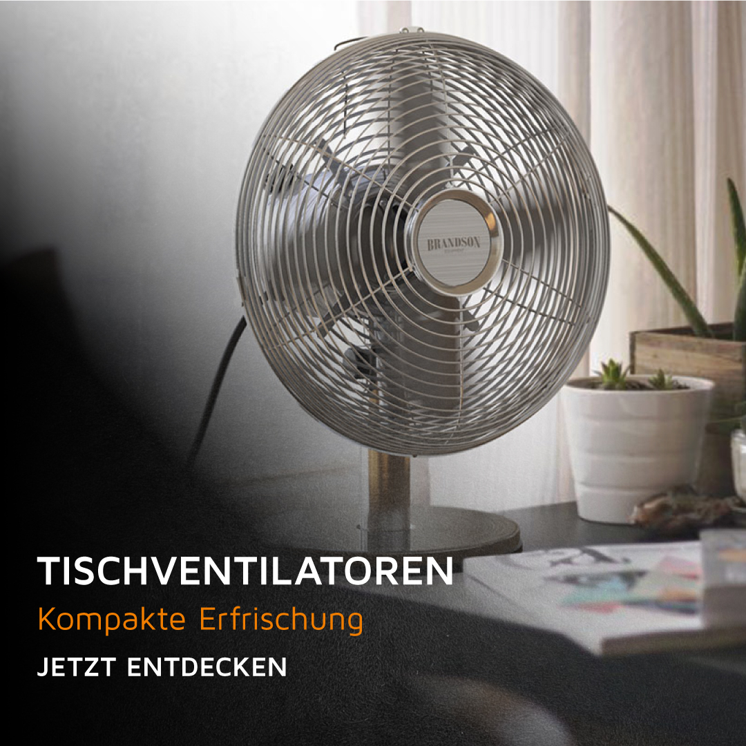Brandson Tischventilator mit runder Metallgitterabdeckung, silbernem Standfuß und kompakter Bauform, ideal für den Einsatz auf Tischen.