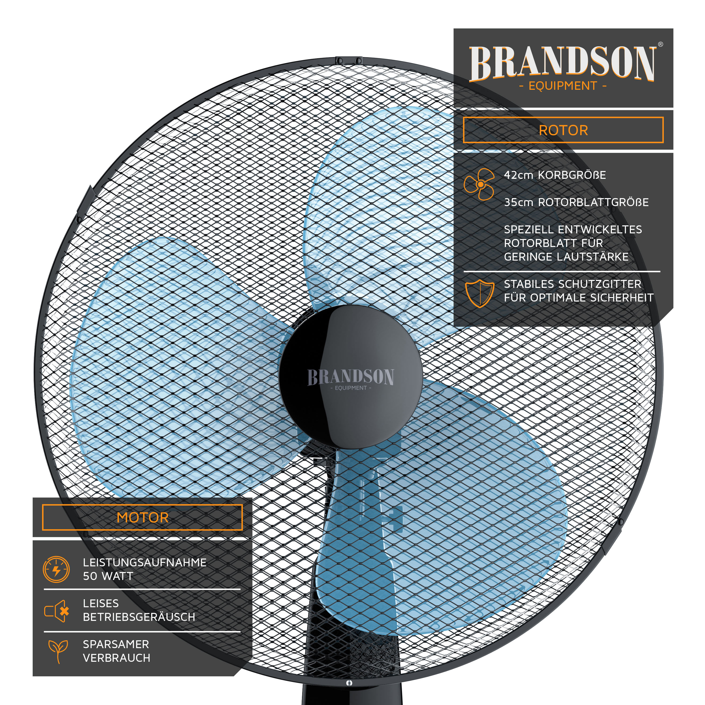 Standventilator von Brandson mit einem Schutzgitter von 42 cm Durchmesser und blauen Flügeln, konzipiert für leisen Betrieb und Energieeffizienz.