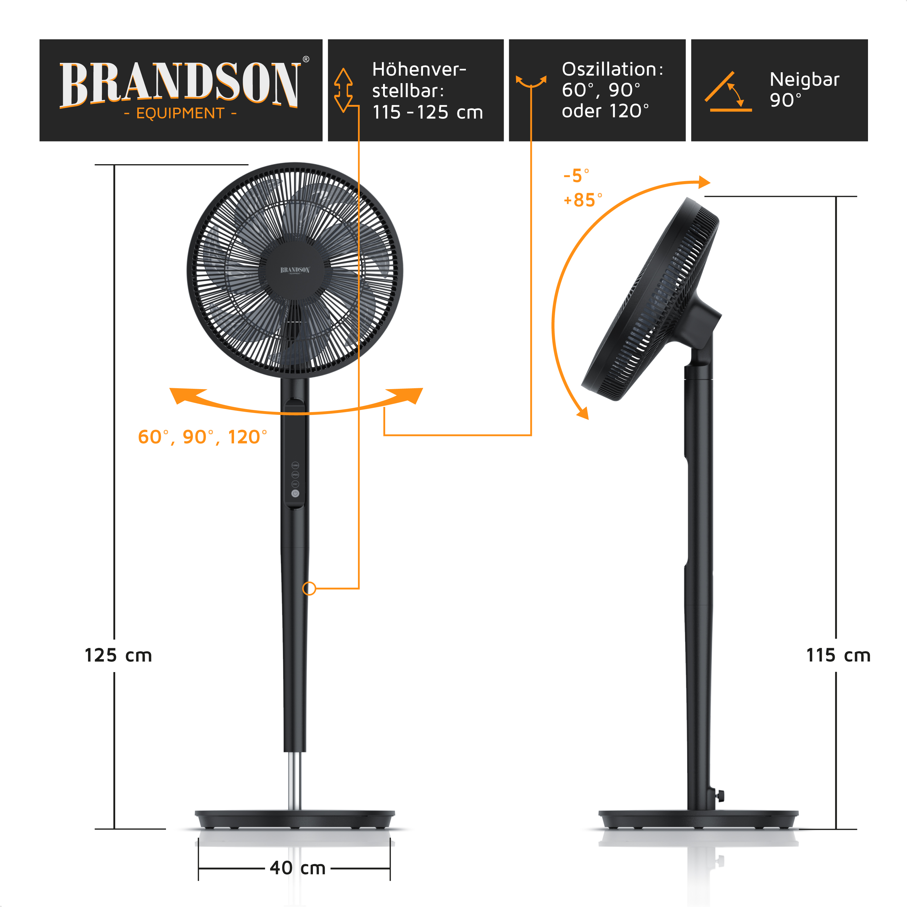 Brandson Standventilator mit einstellbarer Höhe von 115 bis 125 cm, schwarzer Farbe, Oszillationsfunktion und Bedienfeld.