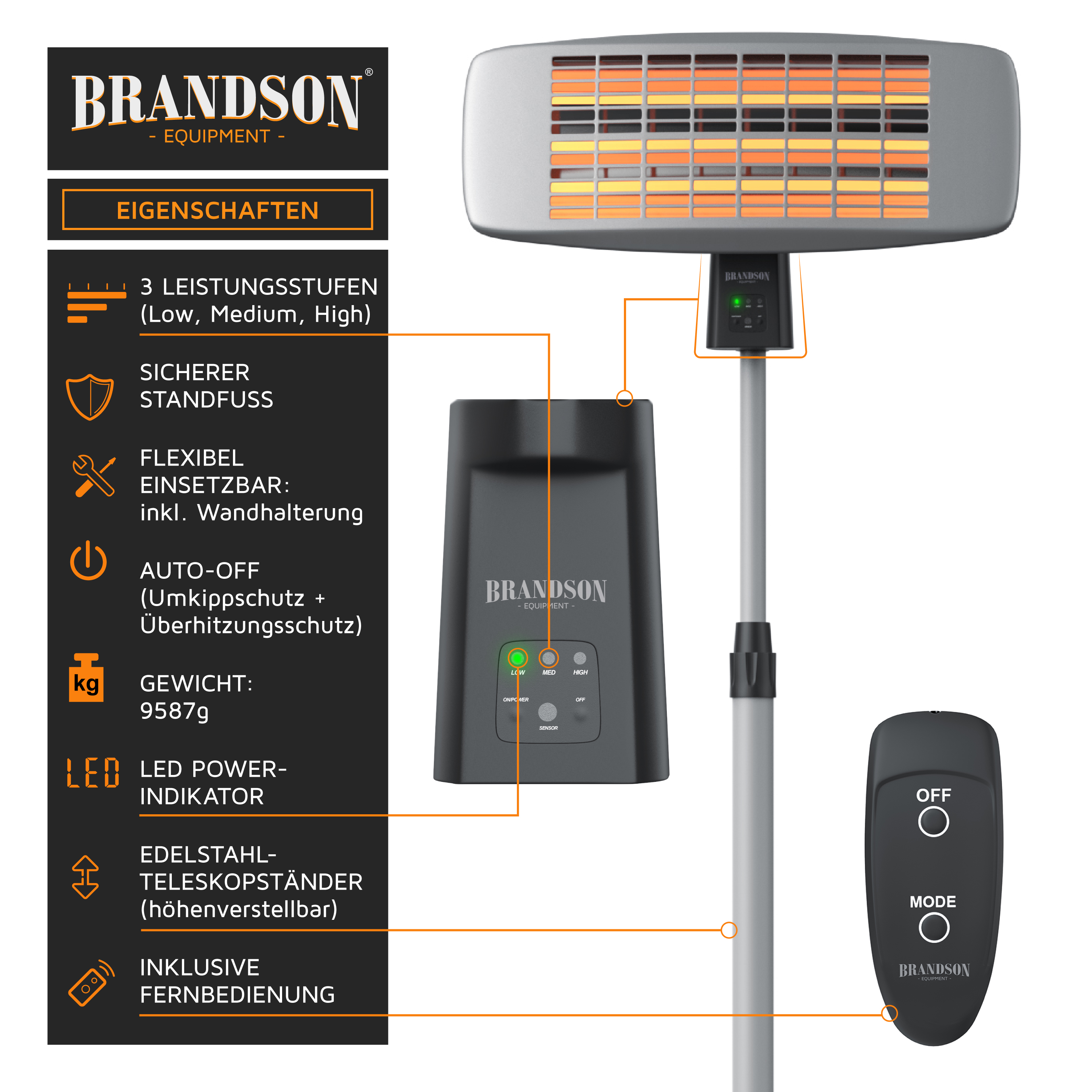 Brandson Heizlüfter mit Edelstahl-Teleskopständer, Bedienfeld, Fernbedienung und LED-Power-Anzeige, flexibel einsetzbar mit Wandhalterung.