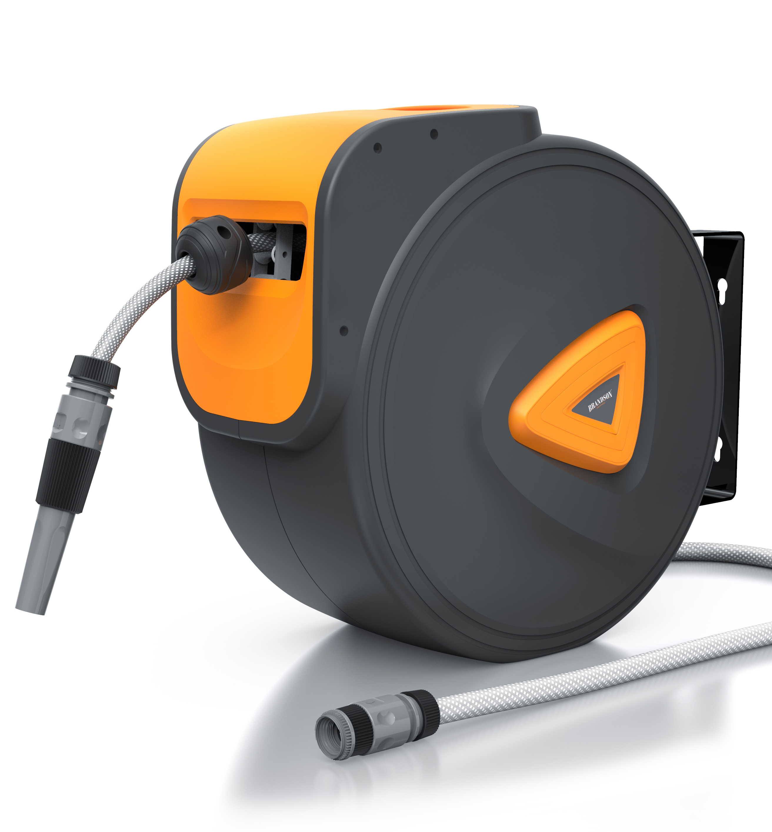 Brandson-Schlauchaufroller mit robustem grauem Gehäuse und orangefarbenen Akzenten, einziehbarem Schlauch und wandmontiertem Design.
