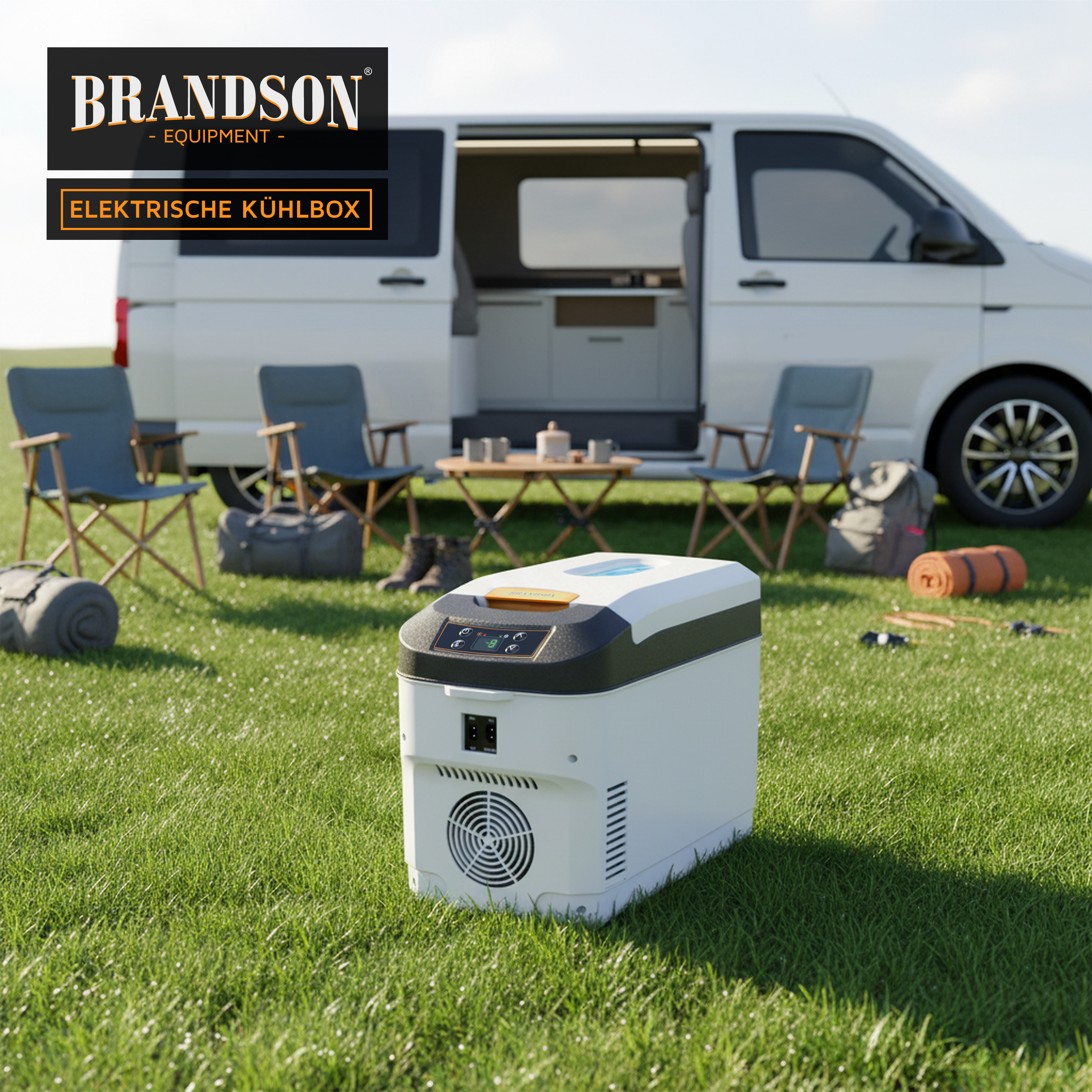 Brandson elektrische Kühlbox in Weiß mit digitalem Display und Bedienfeld, auf einer Wiese neben einem Campingfahrzeug.