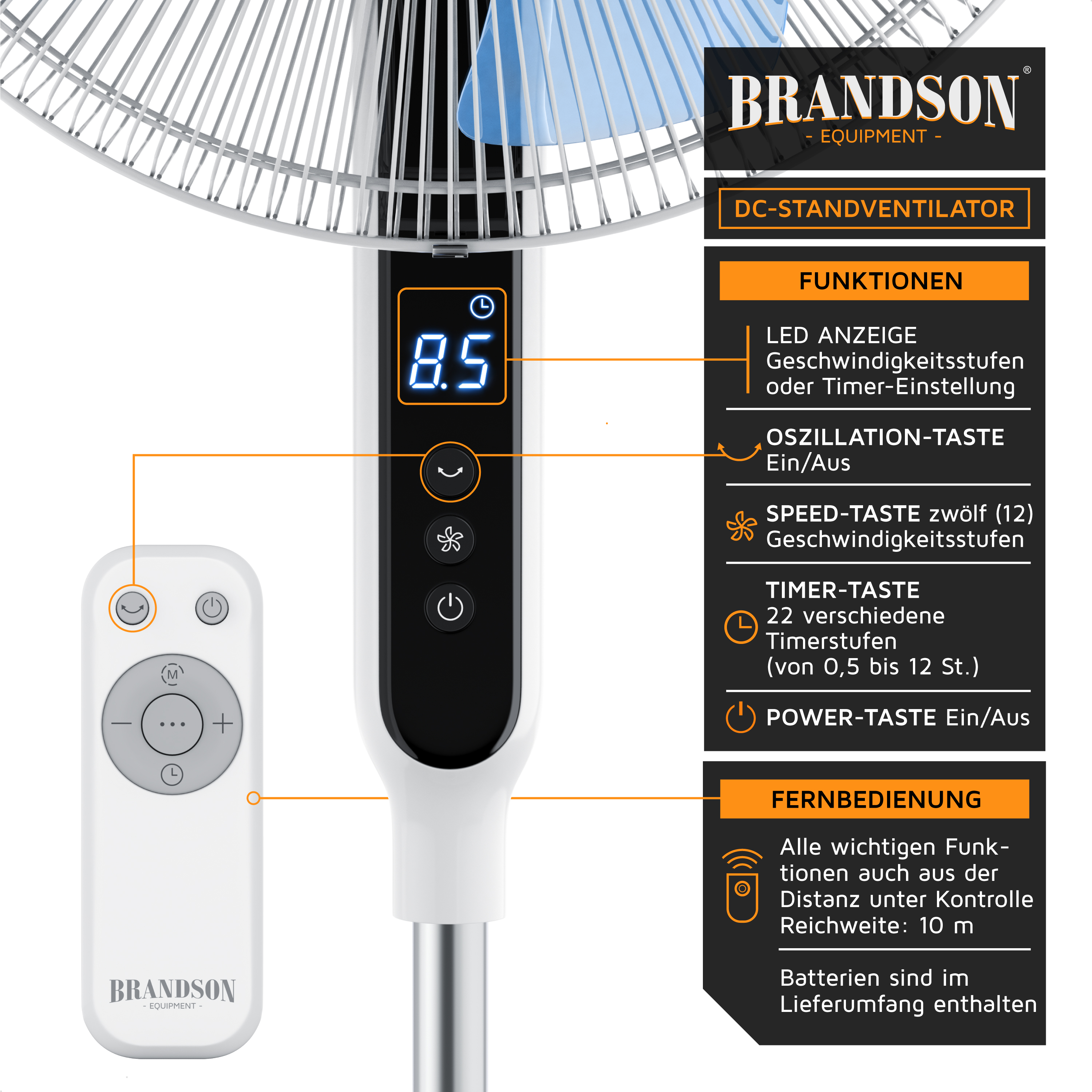 Brandson DC-Standventilator mit LED-Anzeige, Fernbedienung und 12 Geschwindigkeitsstufen, elegantes Design in Schwarz und Weiß.