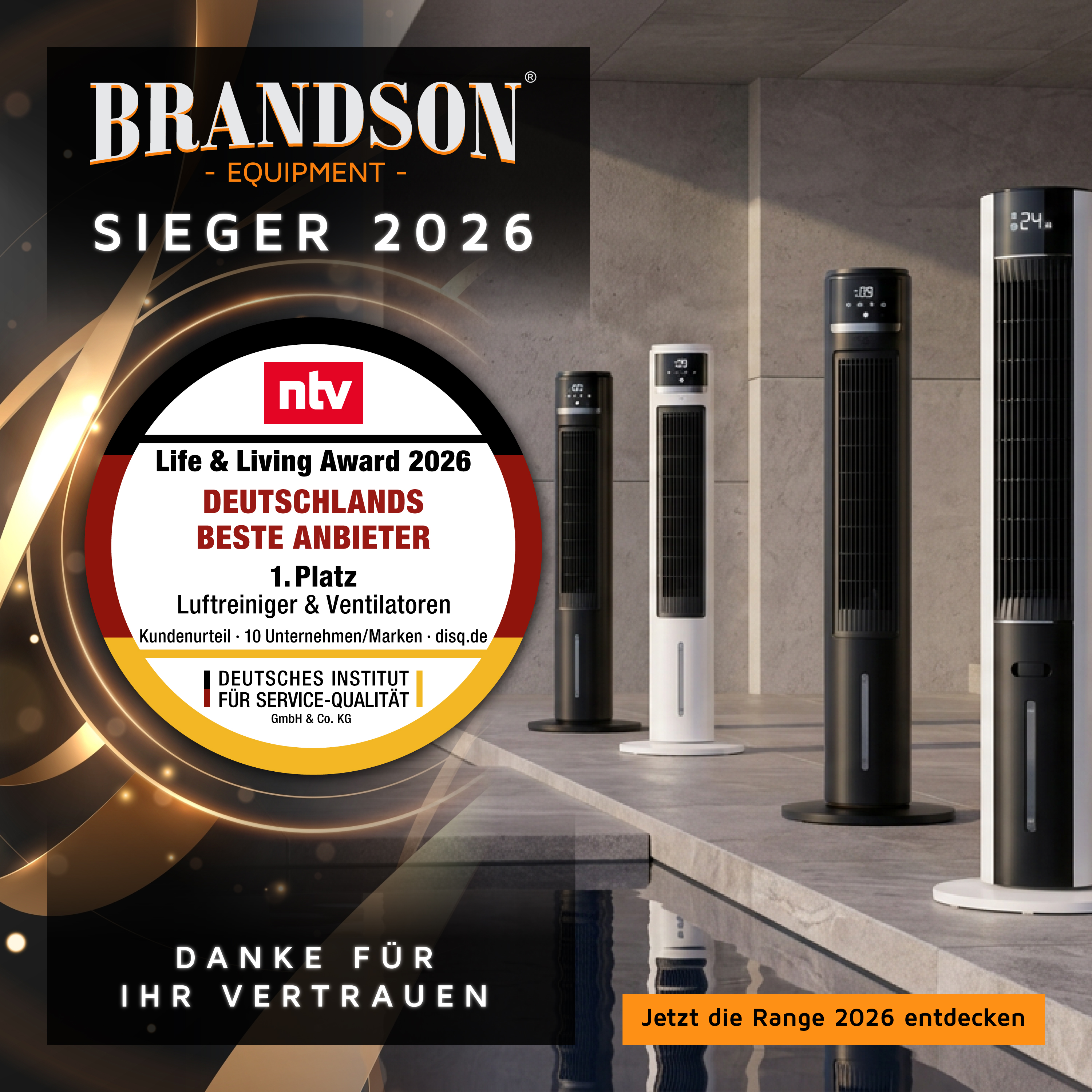 Brandson Turmventilatoren in verschiedenen Farben stehen in modernen Räumen, mit digitalen Displays und eleganten Designs.