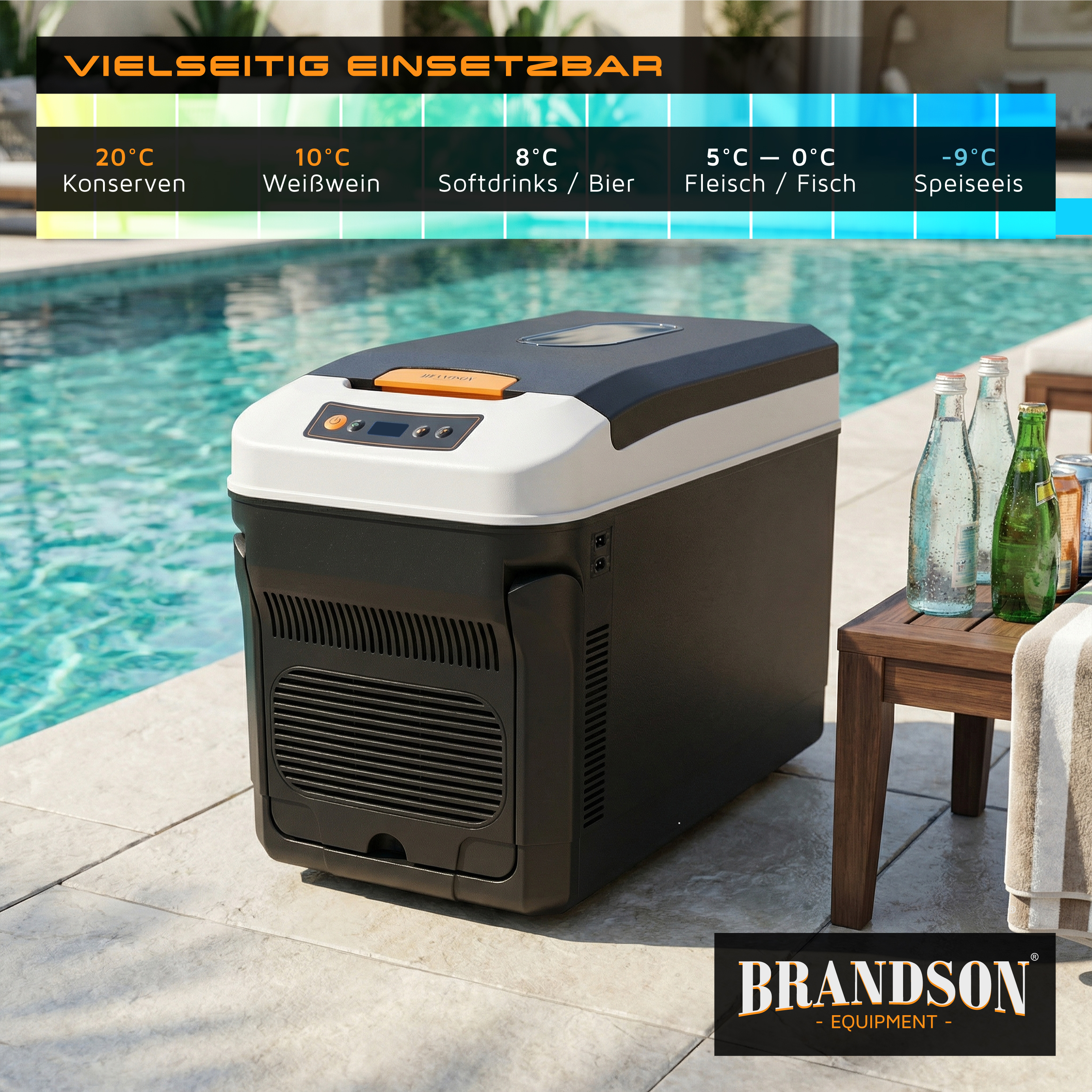 Brandson mobile Kühlbox mit schwarzem und grauem Gehäuse, digitalem Display und Bedienfeld, ideal für den Einsatz am Pool.