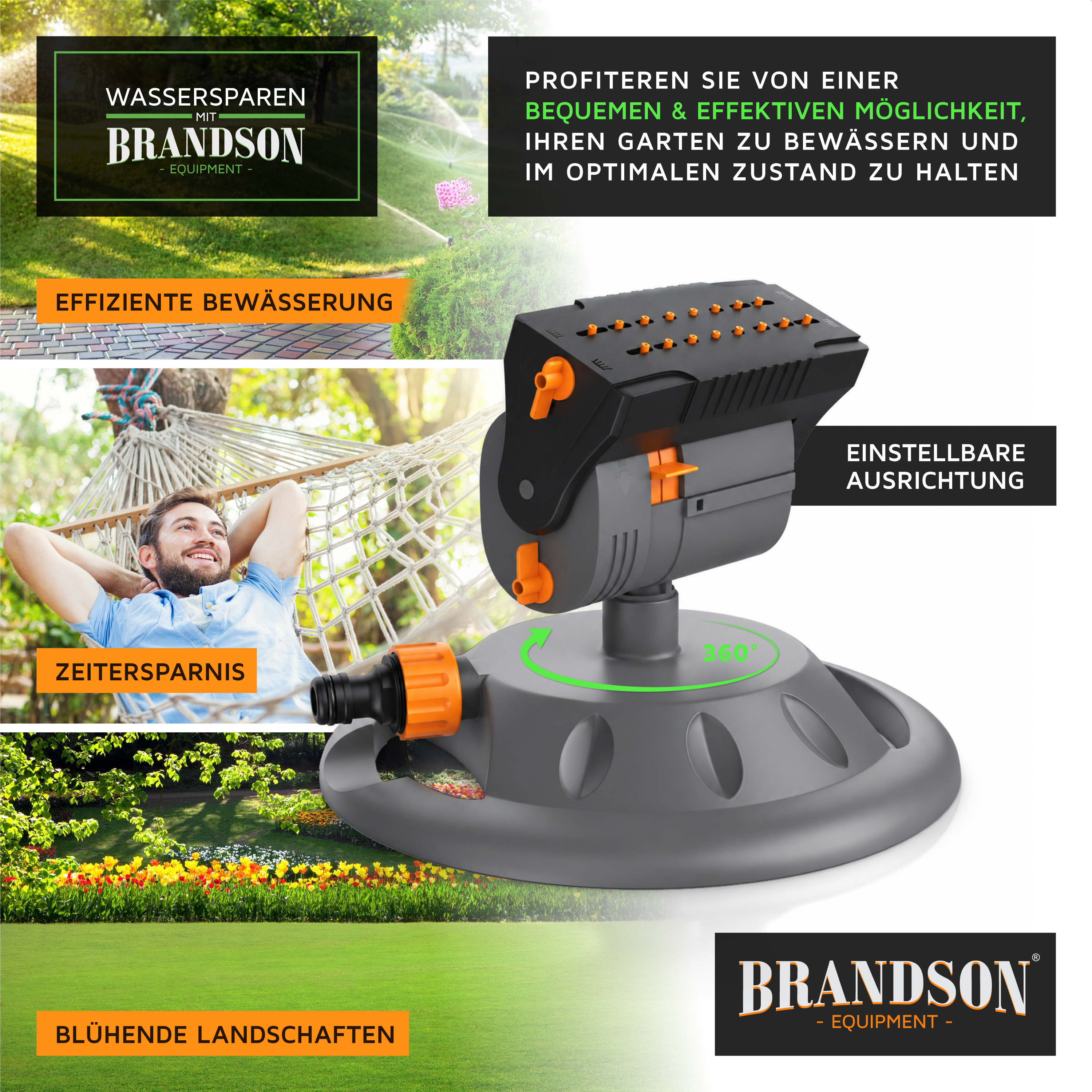 Brandson Gartenbewässerungsgerät mit einstellbarer Ausrichtung, grauem Gehäuse und orangefarbenen Akzenten für effiziente Bewässerung.