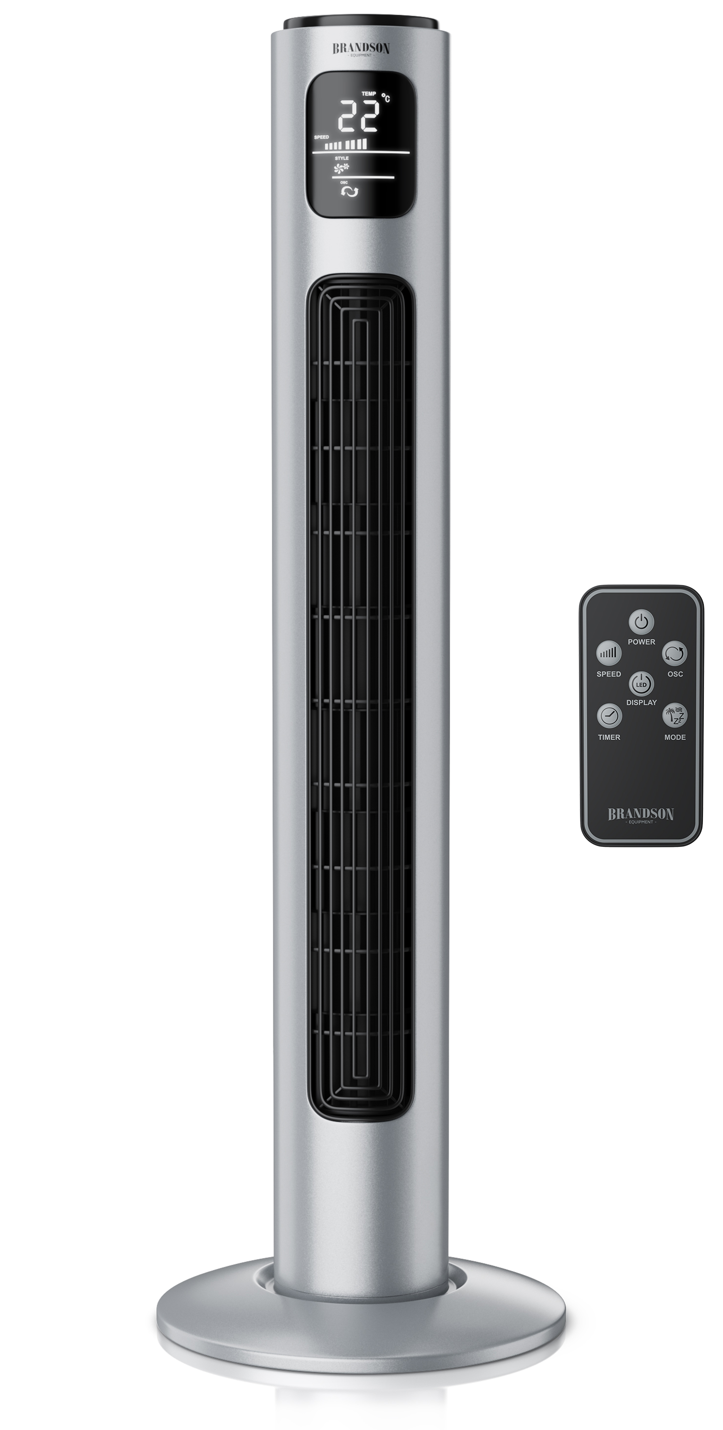 Brandson Turmventilator in Silber mit Digitalanzeige, Fernbedienung und schlankem Design für effiziente Kühlung.