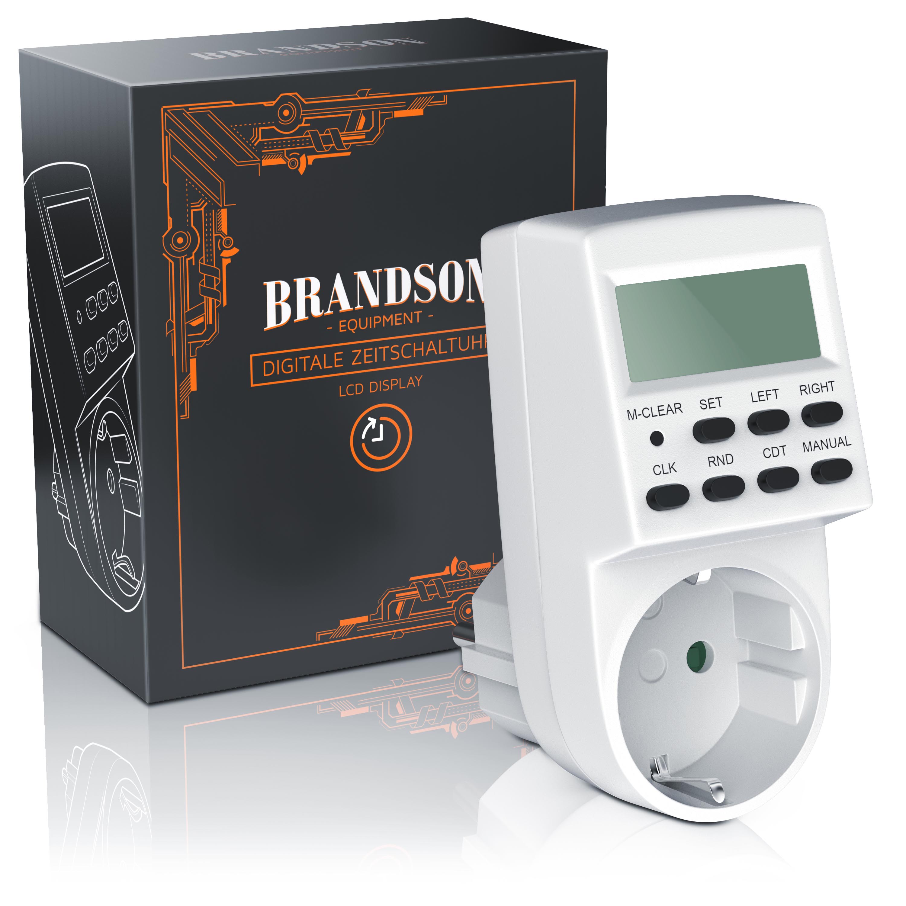 Brandson digitale Zeitschaltuhr mit LCD-Display und mehreren Tasten, in weißer Farbe, neben der Verpackung.