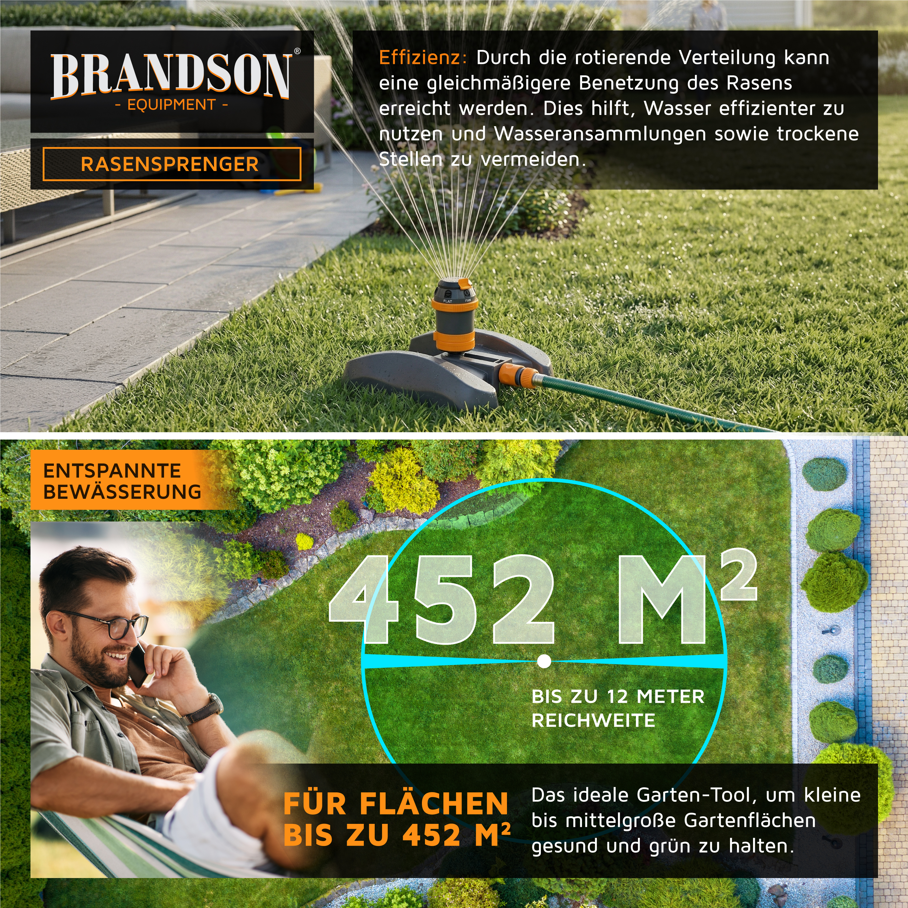 Brandson Rasensprenger mit rotierender Verteilung, orange und schwarz, für gleichmäßige Bewässerung von Rasenflächen bis 452 m².