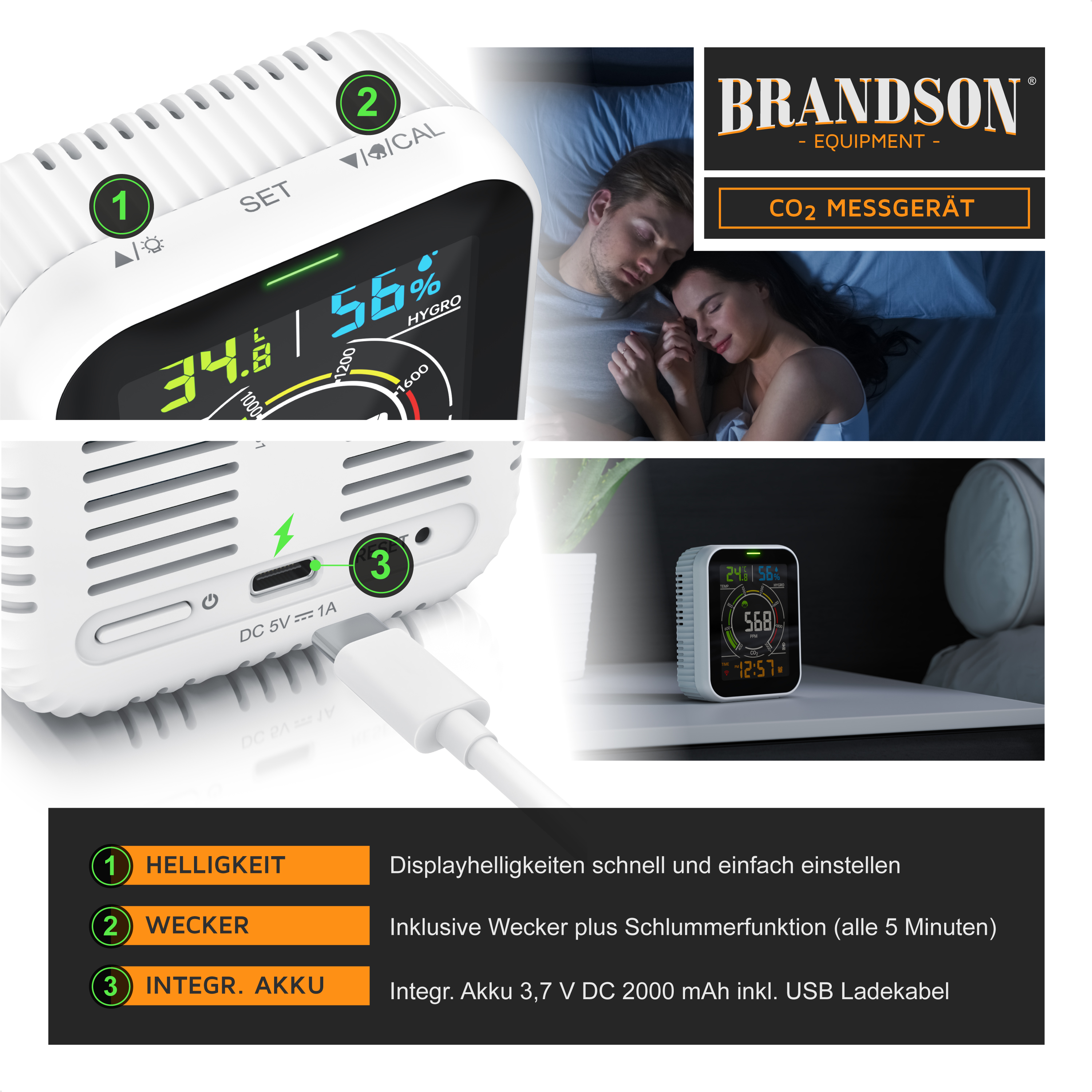 Brandson CO2-Messgerät mit digitaler Anzeige von Temperatur und Luftfeuchtigkeit, elegantem weißem Design und USB-Ladeanschluss.