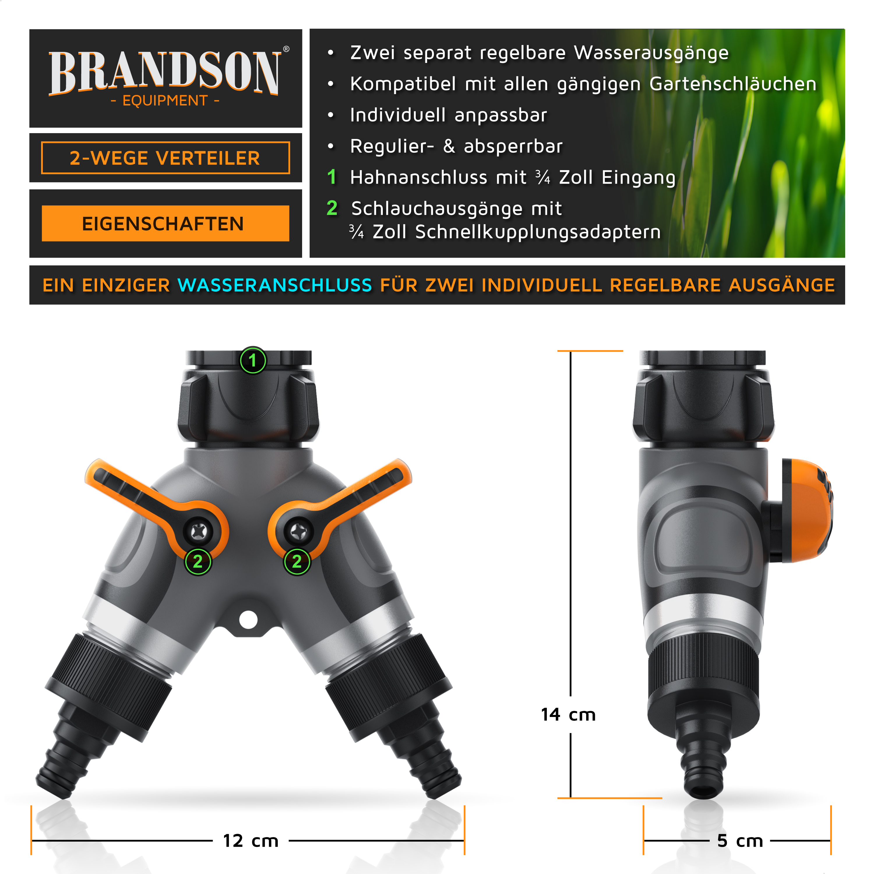 Brandson 2-Wege-Verteiler mit zwei verstellbaren Ausgängen, kompatibel mit Standard-Gartenschläuchen, im schwarz-orangen Design.