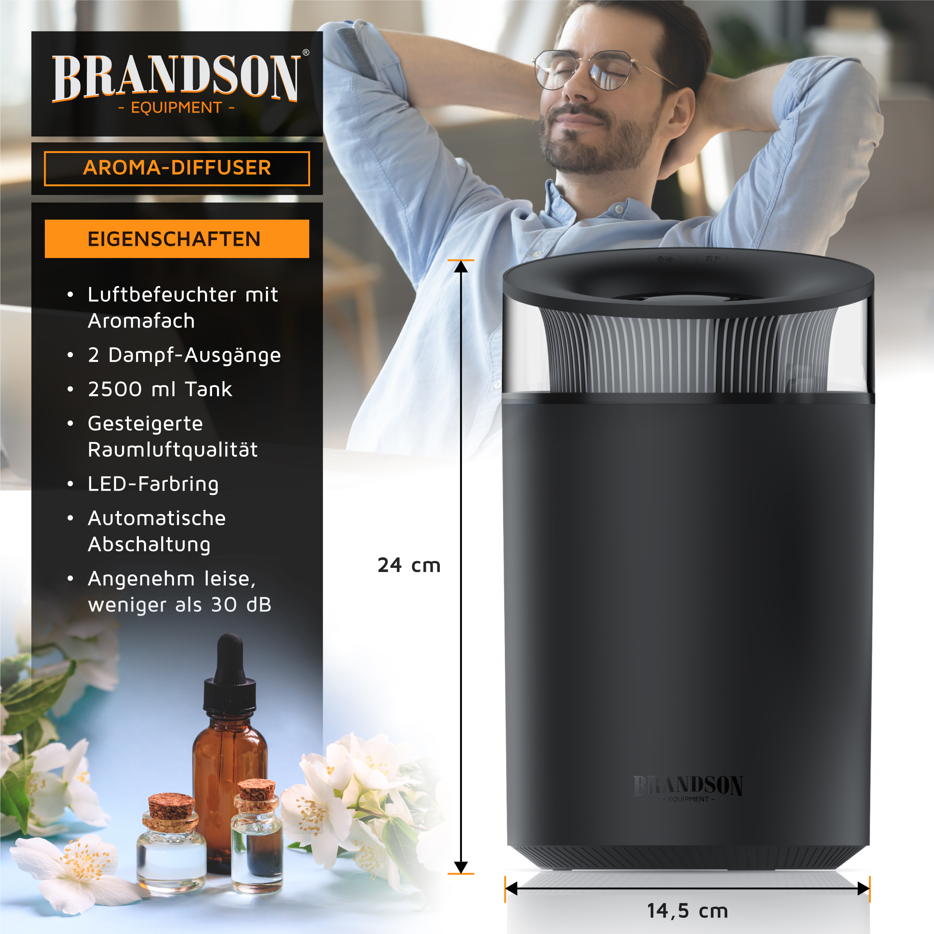 Brandson Aromadiffusor in Schwarz mit transparenter Oberseite, zwei Dampfauslässen und LED-Ring für verbesserte Luftqualität.