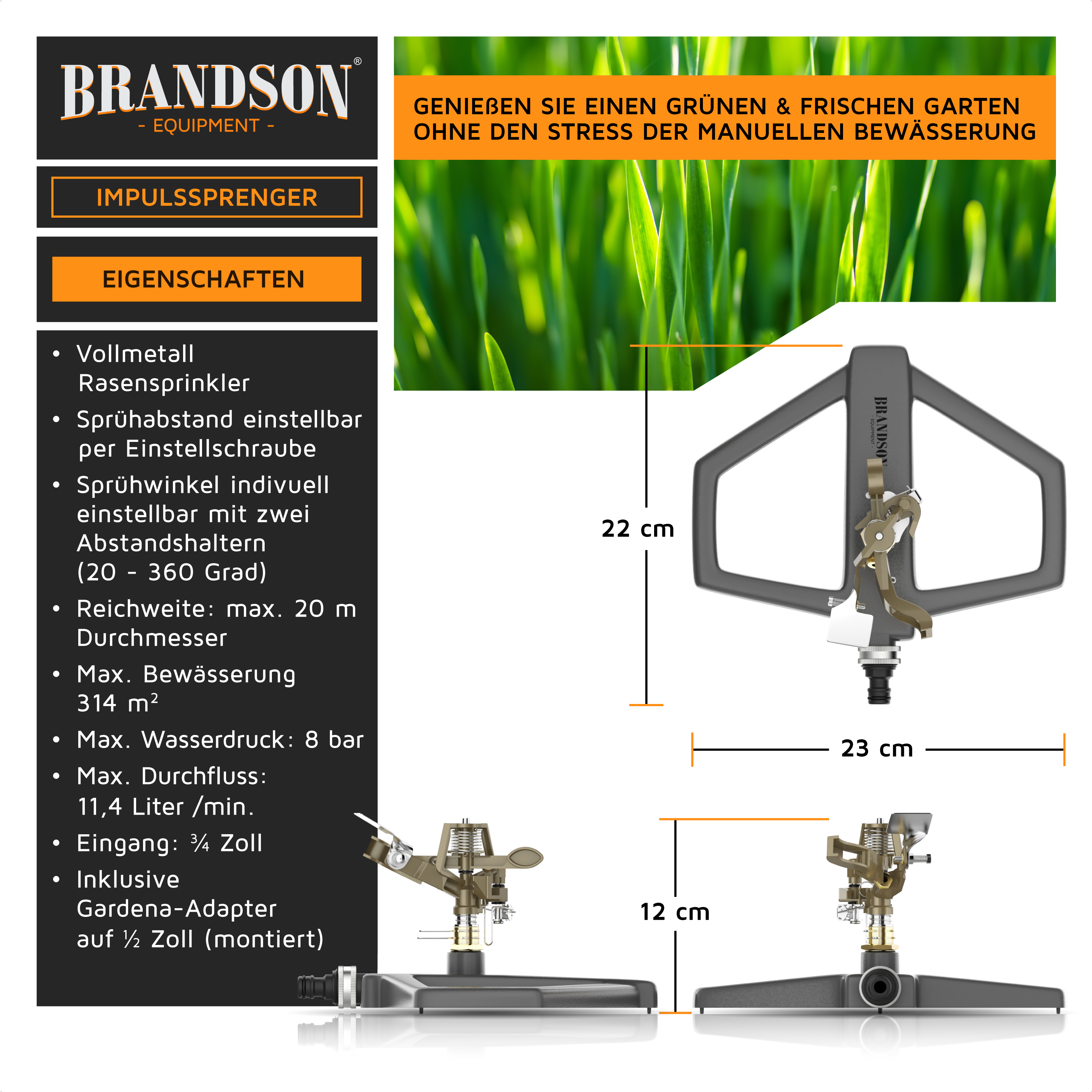 Brandson Impulsrasensprinkler aus Vollmetall mit einstellbarem Sprühabstand und Sprühwinkel, geeignet für Flächen bis 314 m².