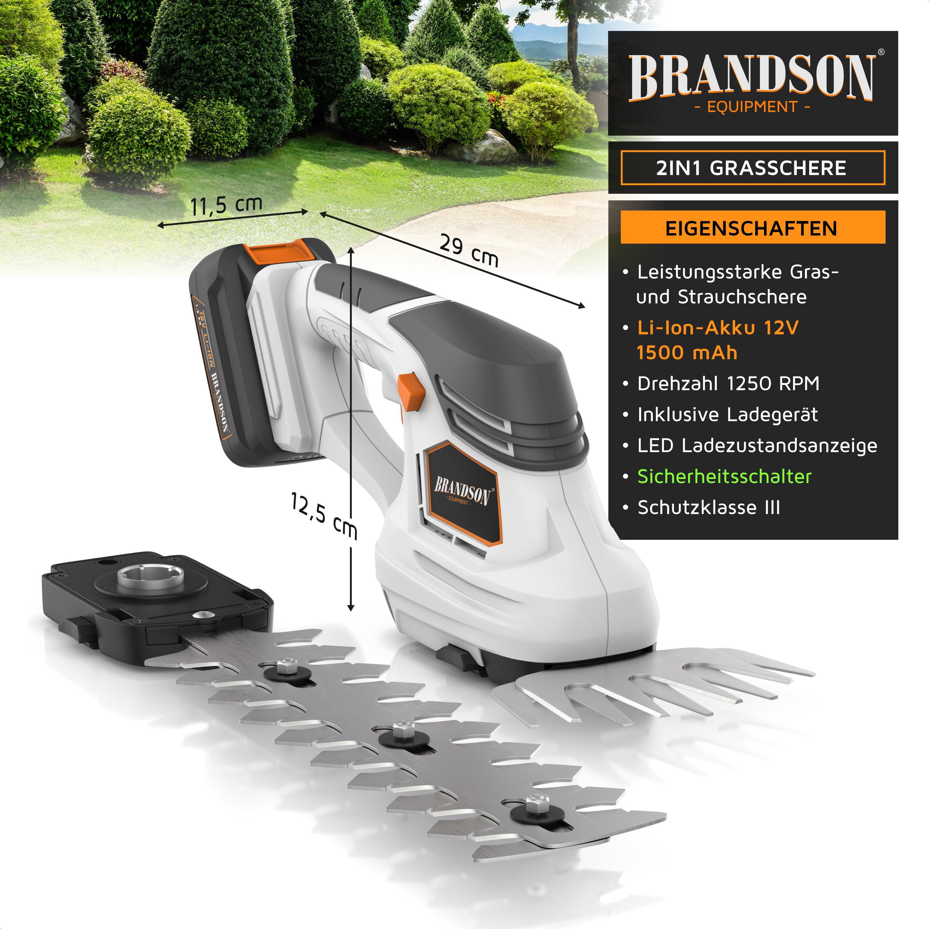 Brandson 2-in-1-Grasschere mit leistungsstarkem Akku, ergonomischem Griff und austauschbaren Klingen zum Trimmen von Gras und Sträuchern.