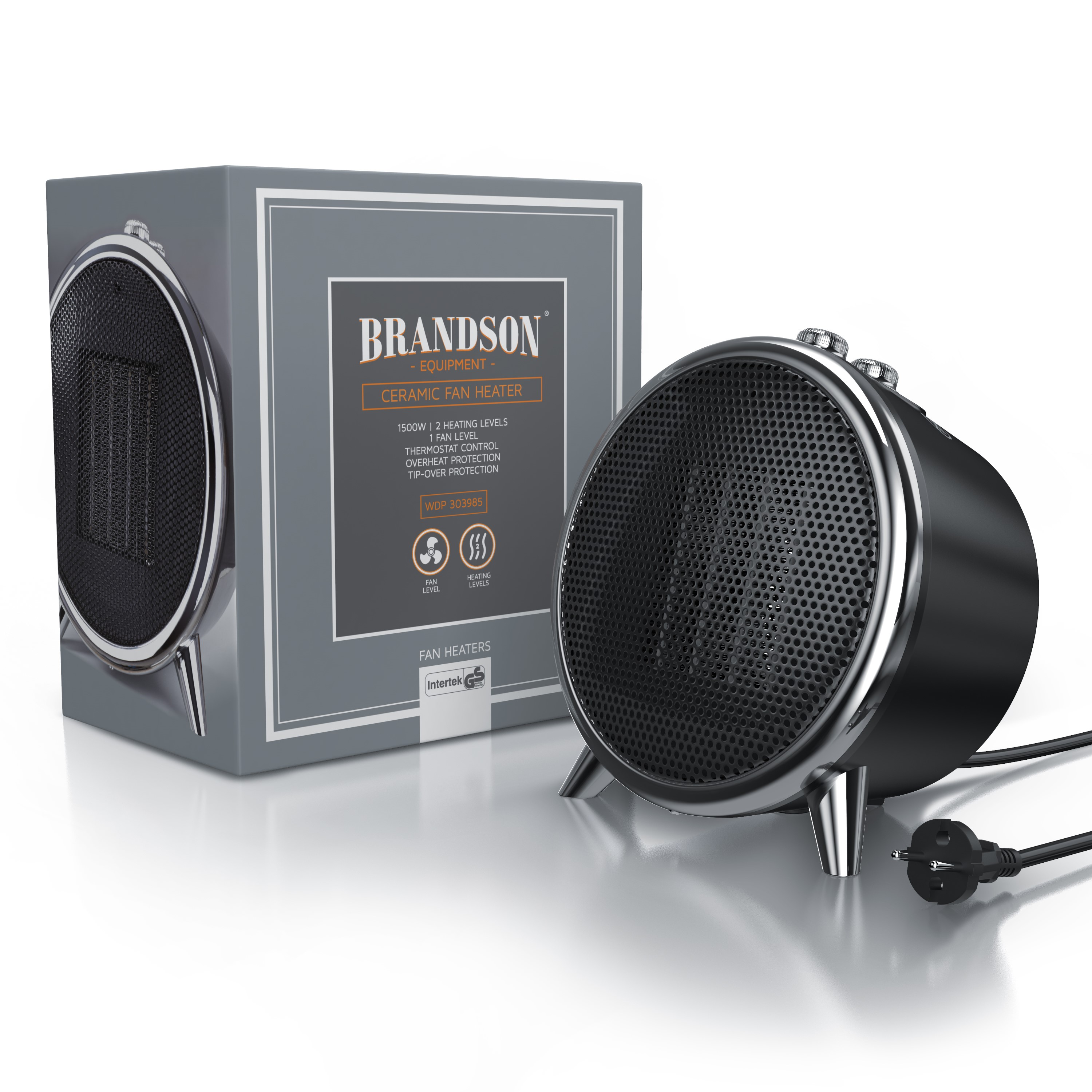 Keramik-Heizlüfter von Brandson in Schwarz mit rundem Design, Metallakzenten, Bedienknöpfen und im Hintergrund sichtbarer Verpackung.