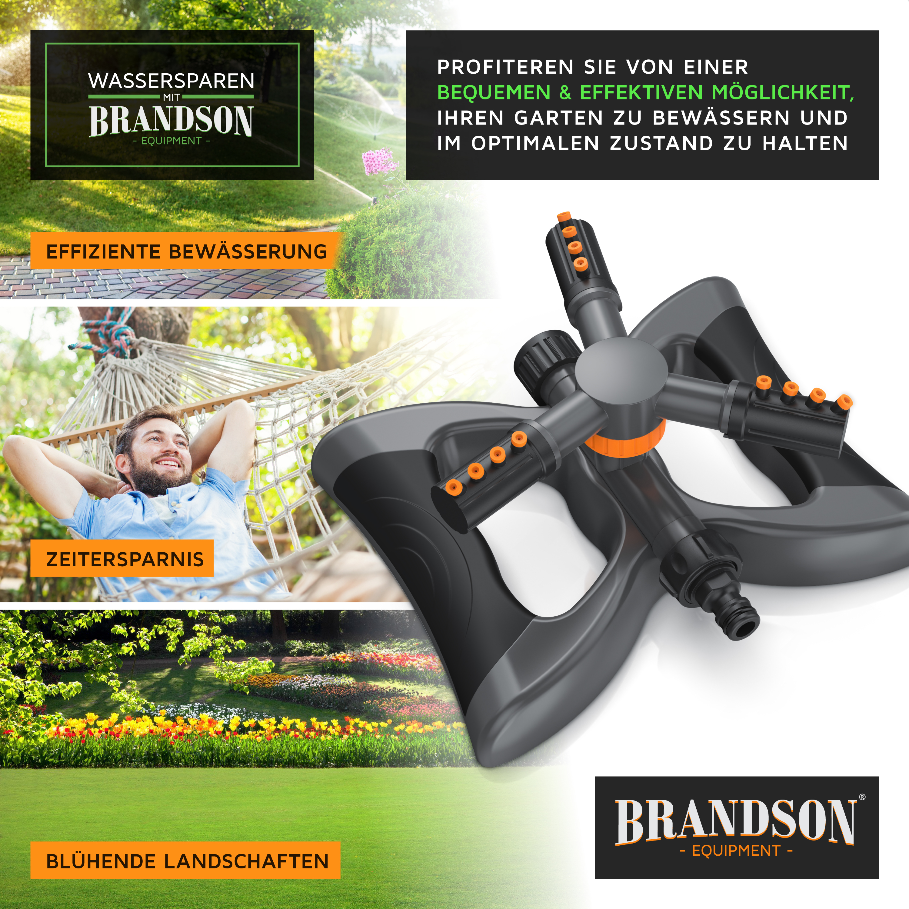 Brandson Gartenbewässerungsgerät in Schwarz mit orangefarbenen Düsen, ideal für die effiziente Bewässerung von Gärten.
