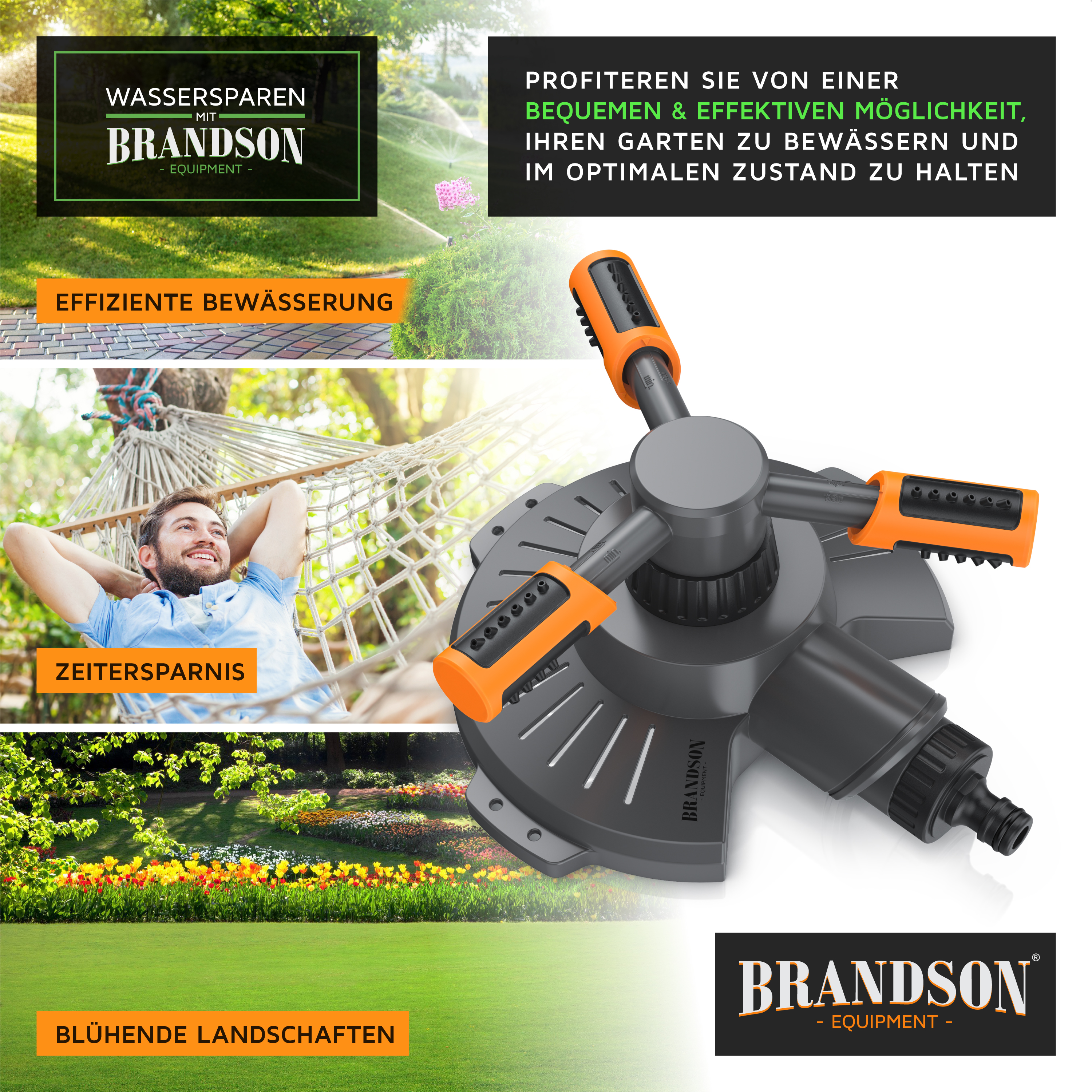 Brandson Bewässerungsgerät mit grauem Gehäuse und orangefarbenen Griffen, ideal für die effiziente Gartenbewässerung.