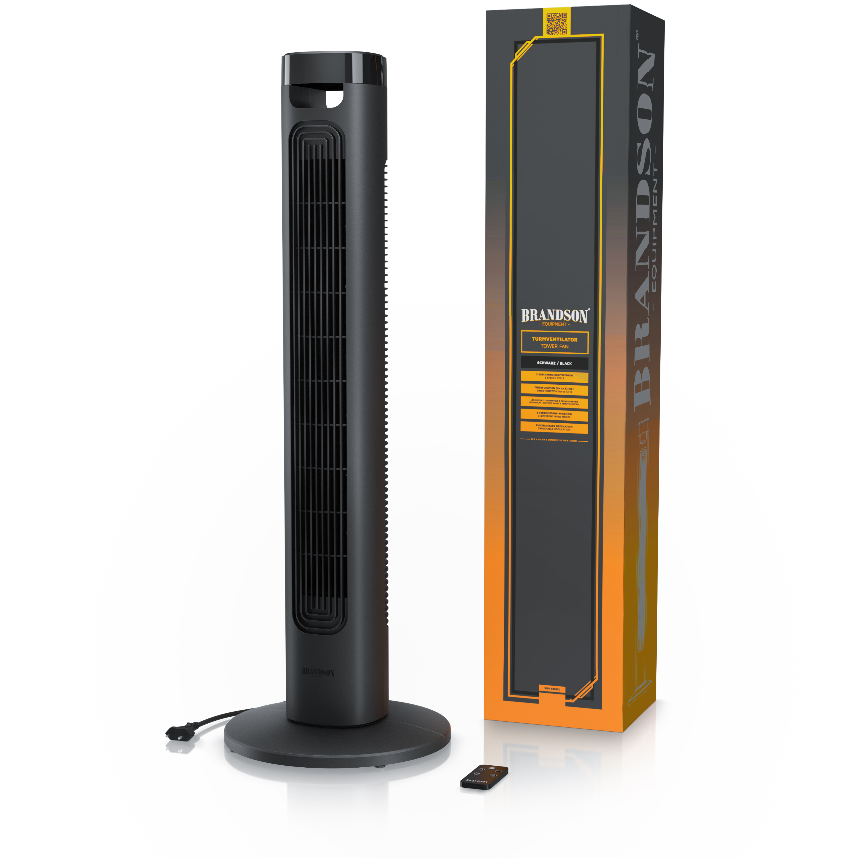 Brandson Turmventilator in Schwarz mit schlanker Bauform, Standfuß und Fernbedienung, neben der Verpackung.