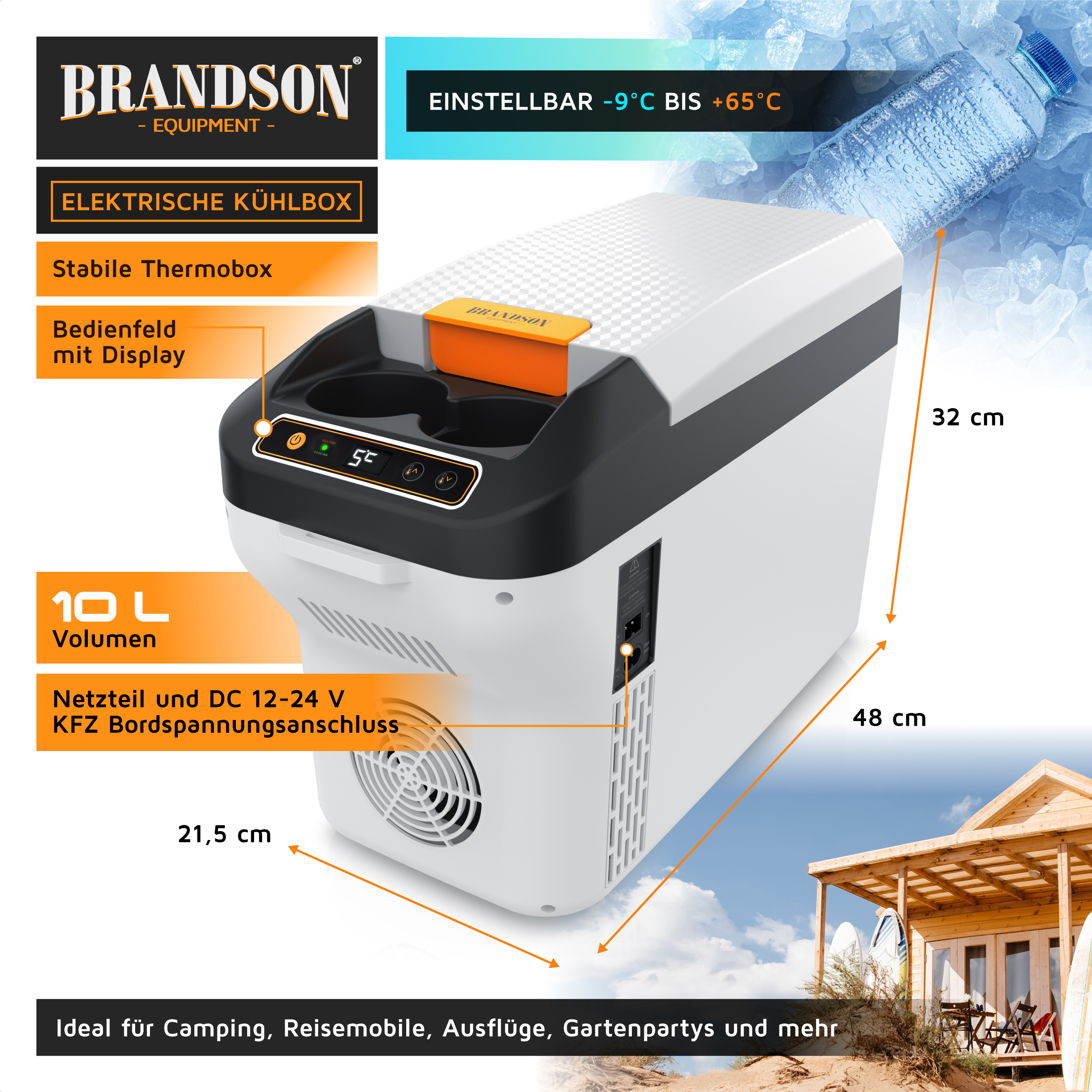 Brandson elektrische Kühlbox mit stabilem Gehäuse, Bedienfeld mit Display und 10 Liter Volumen, ideal für Camping und Ausflüge.