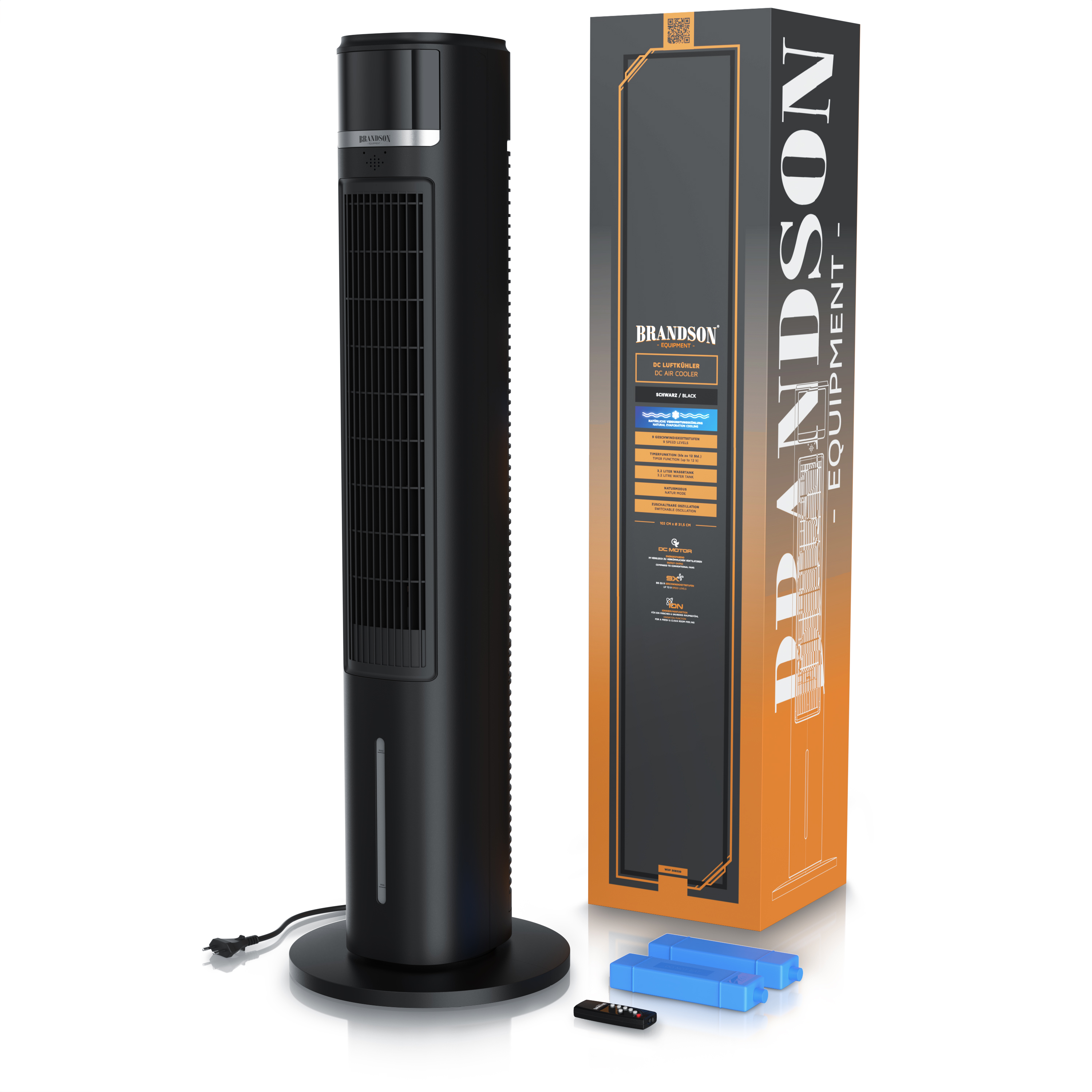 Brandson Turmventilator in Schwarz mit elegantem Design, inklusive Bedienfeld und Fernbedienung sowie Verpackung.