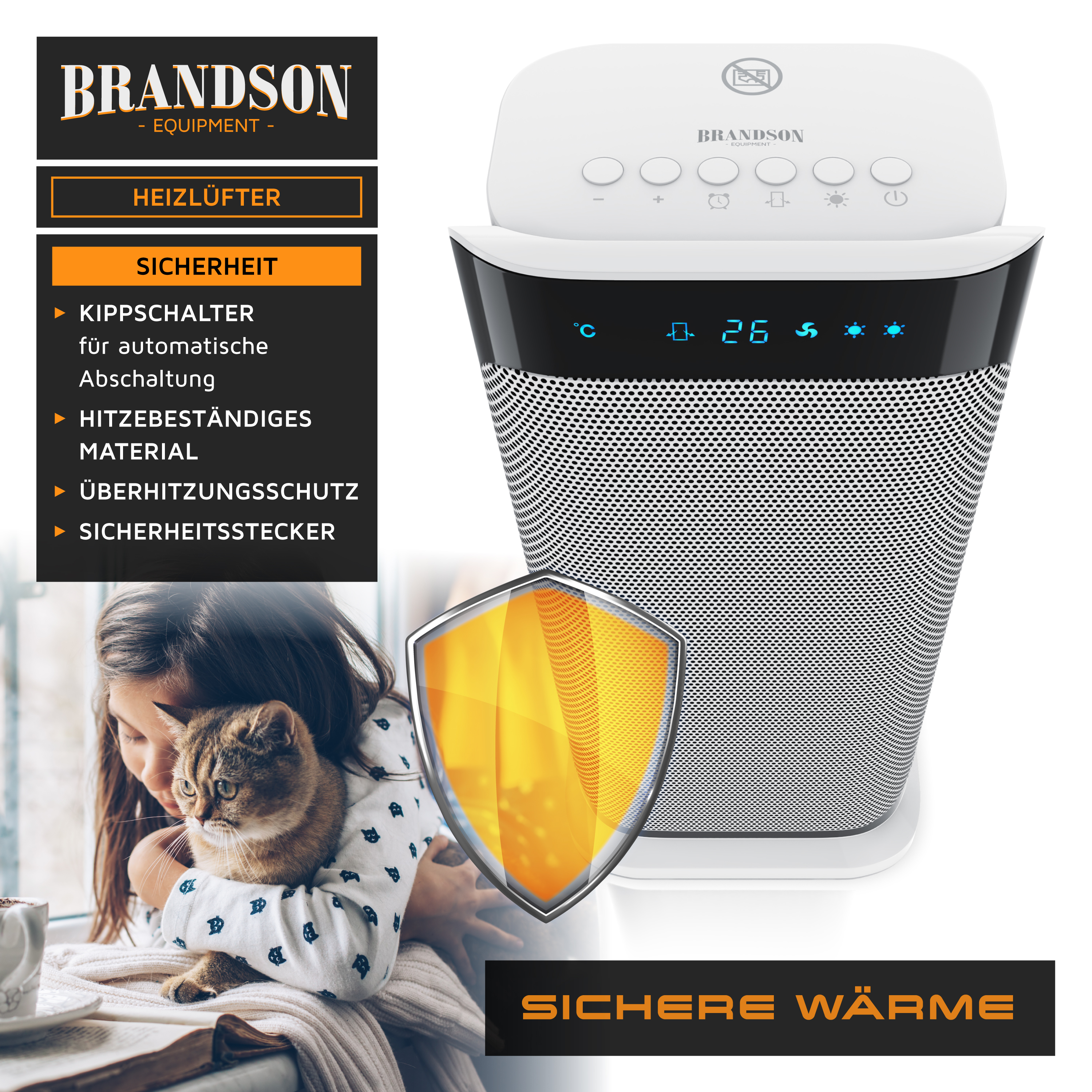 Brandson Heizlüfter im modernen Design mit digitalem Display, Bedienfeld und Sicherheitsfunktionen, ideal für den Einsatz im Wohnbereich.