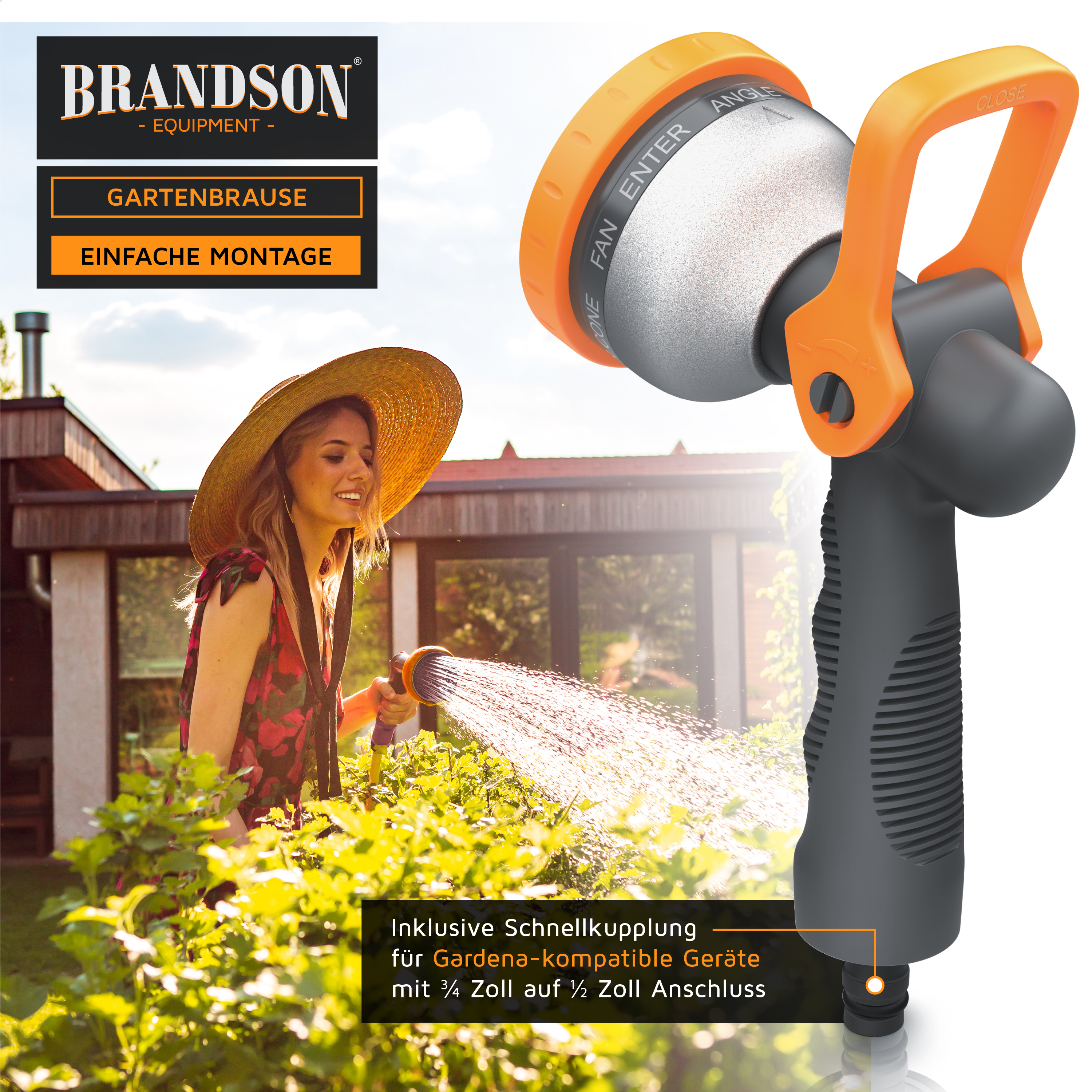 Brandson Gartenbrause mit ergonomischem Griff und Schnellkupplung, ideal für die Bewässerung von Pflanzen im Garten.