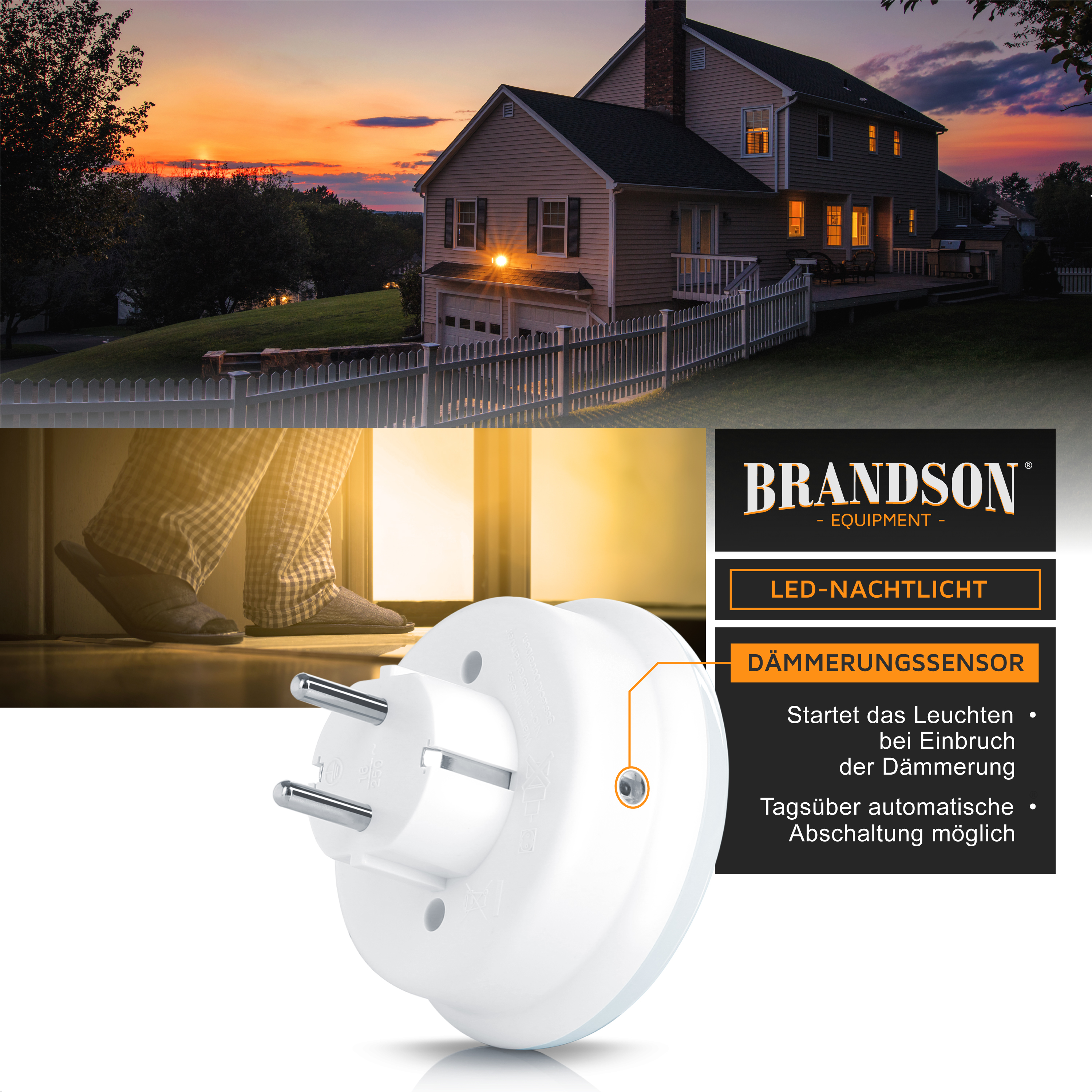 Brandson LED-Nachtlicht mit Dämmerungssensor, weißem, rundem Design und Stecker für automatische Beleuchtung bei schlechten Lichtverhältnissen.