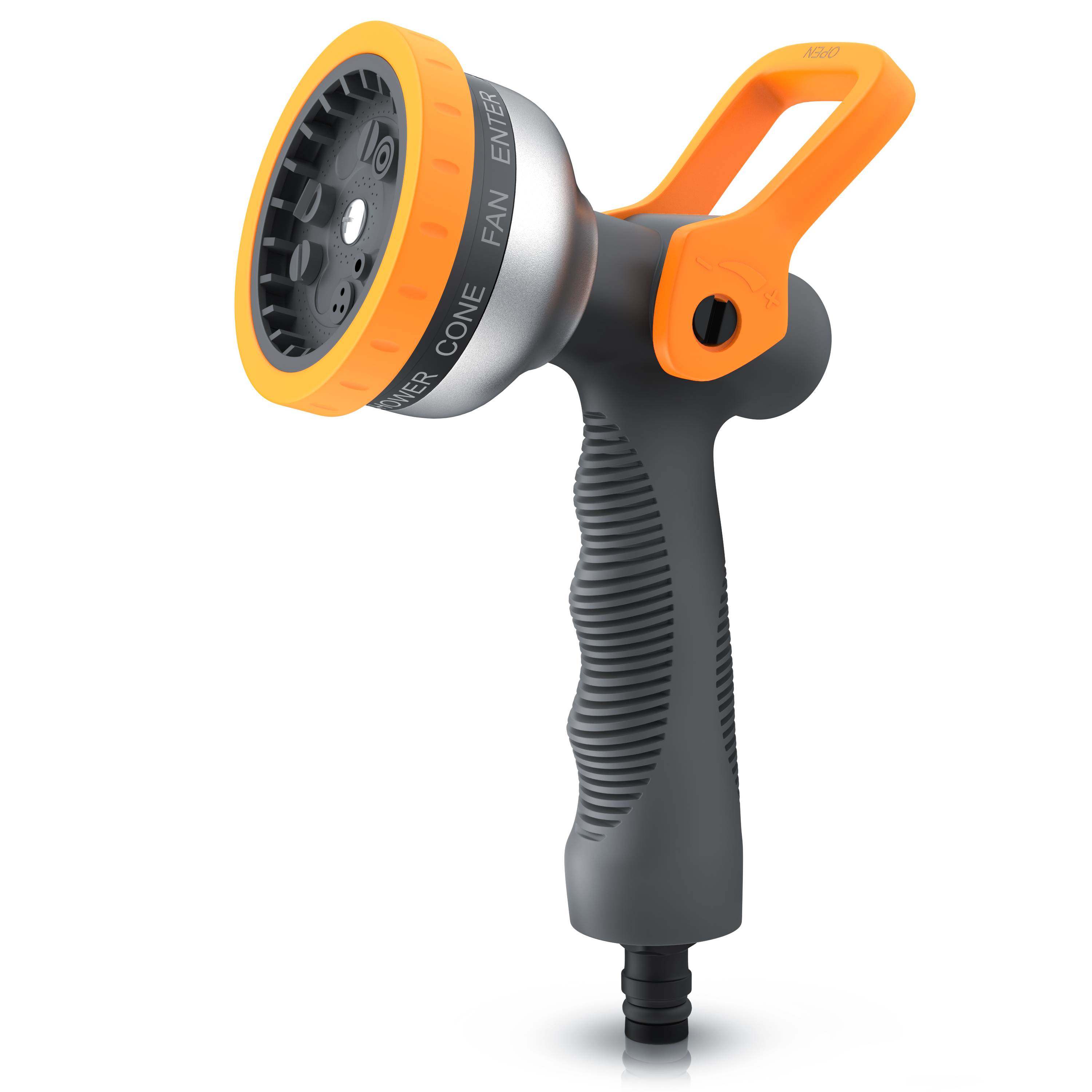 Brandson Sprühkopf mit ergonomischem Griff, orangefarbener Düse und Druckknopf, ideal für Gartenbewässerung.