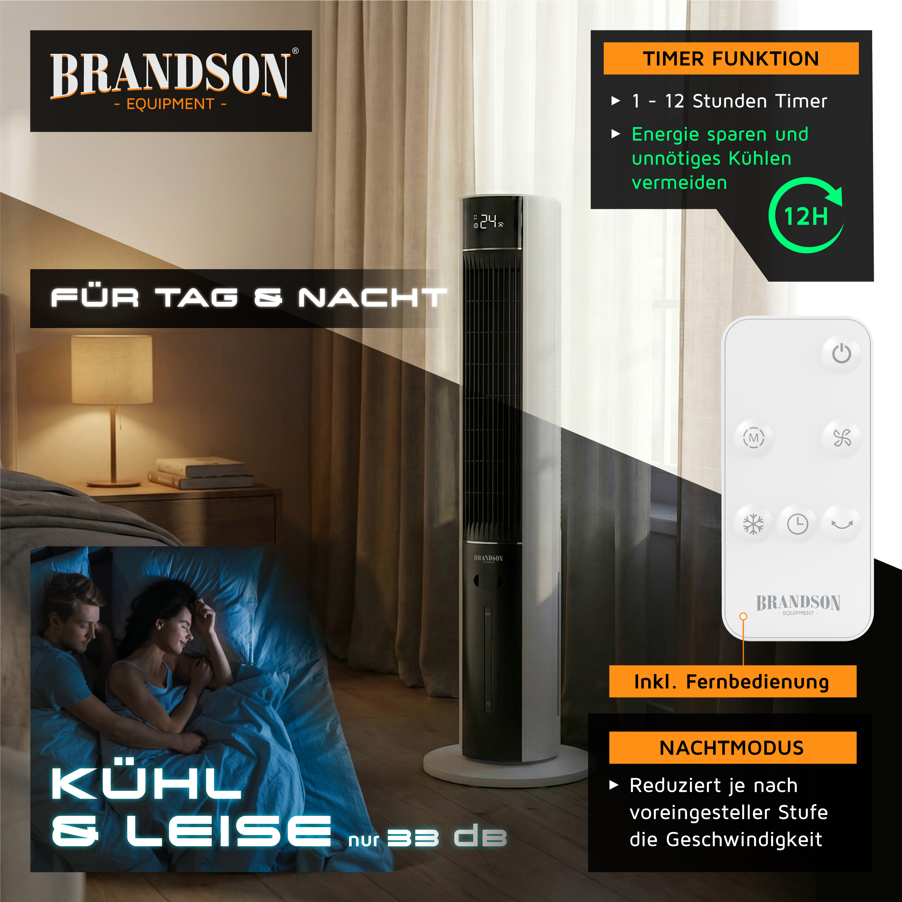 Brandson Turmventilator mit elegantem schwarzem Design, Digitalanzeige und Fernbedienung, platziert in einem gemütlichen Schlafzimmerambiente.