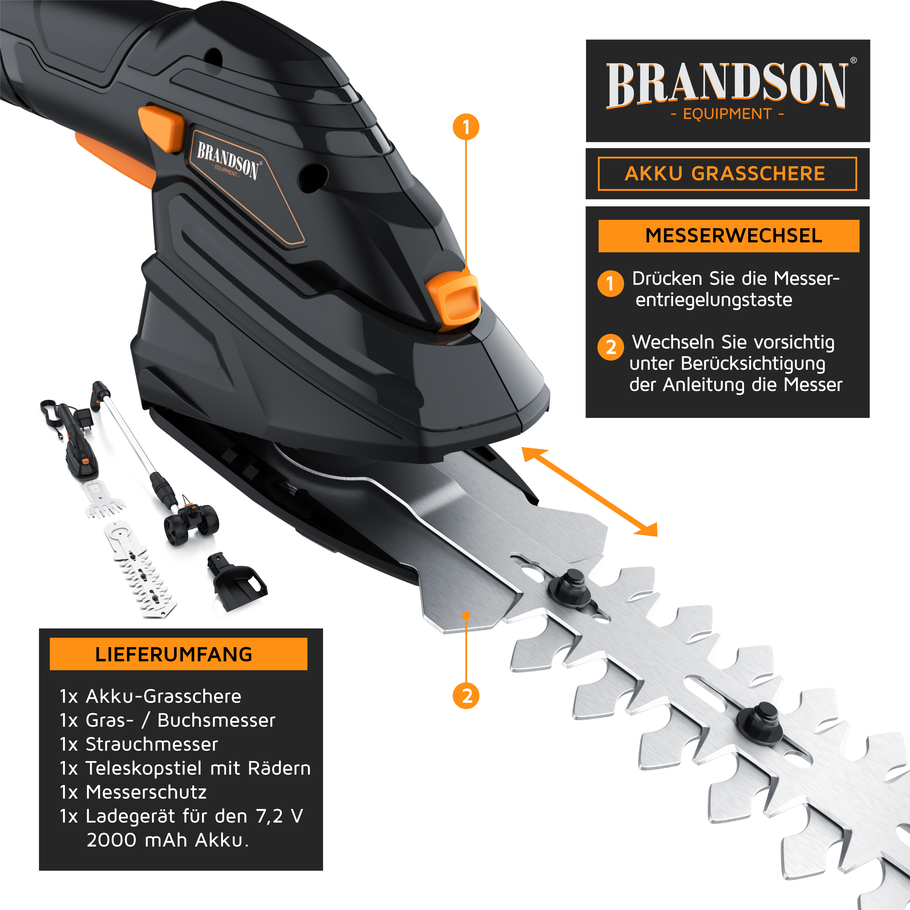 Brandson Akku-Grasschere in Schwarz mit orangefarbenen Akzenten, ausgestattet mit einem scharfen Metallmesser und einem ergonomischen Griff.