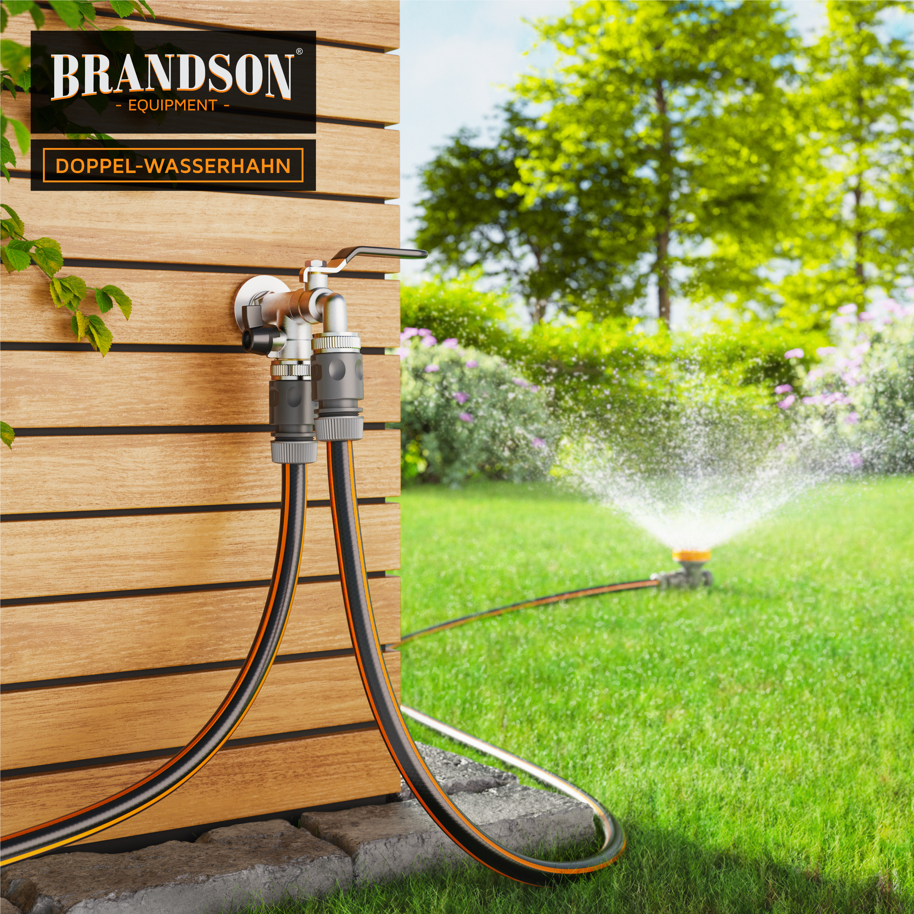 An einer Holzwand montierter Brandson-Doppelwasserhahn mit zwei angeschlossenen Schläuchen, geeignet für die Gartenbewässerung.