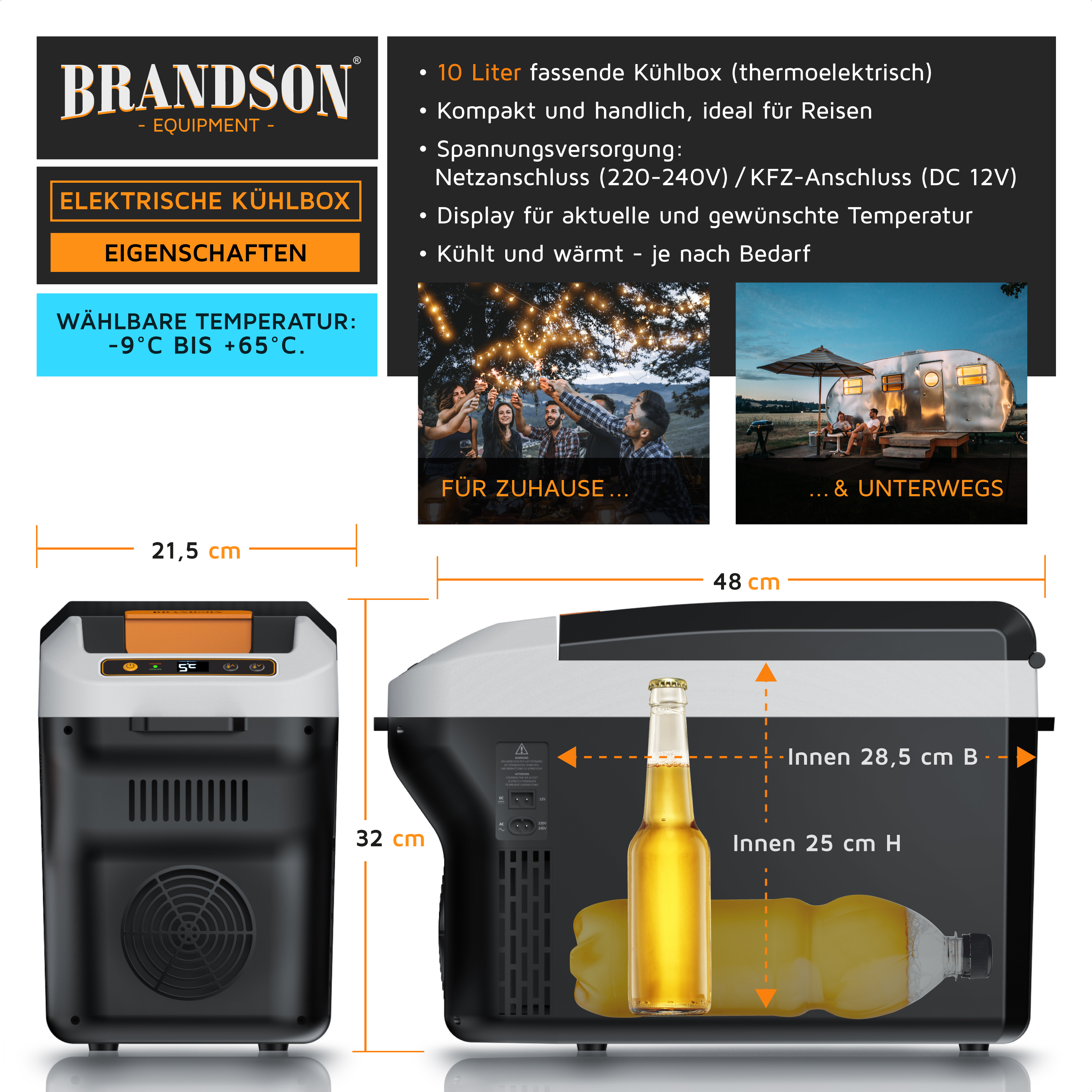 Brandson elektrische Kühlbox mit 10 Litern Fassungsvermögen, kompakt und handlich, ausgestattet mit Display für Temperaturanzeige.