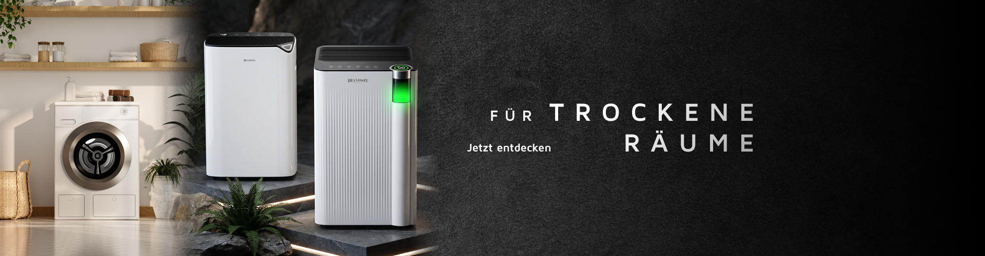 Brandson Luftentfeuchter in Weiß mit grünem LED-Anzeigelicht, geeignet für trockene Räume, auf einer modernen Ablage.