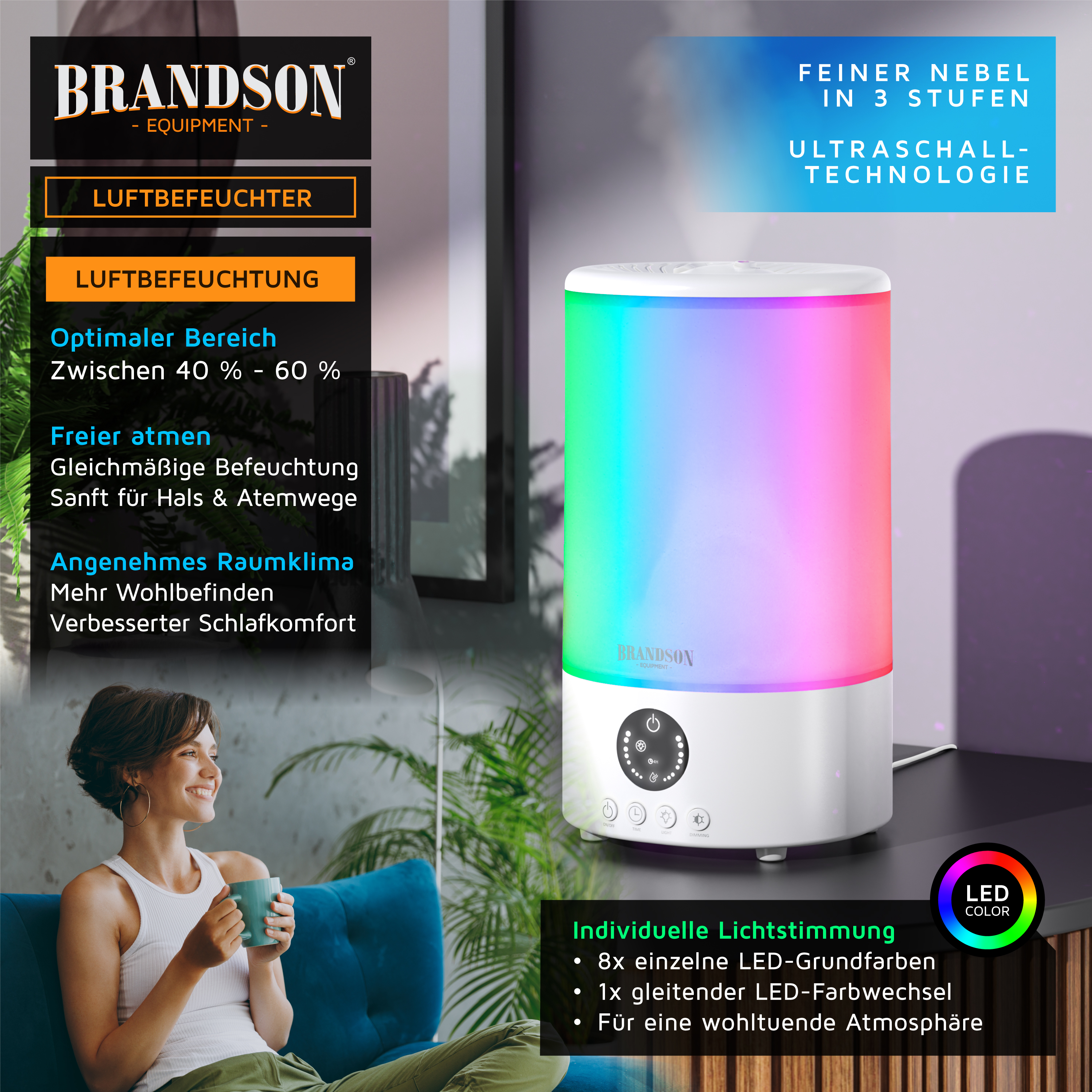 Brandson Luftbefeuchter mit buntem LED-Licht, runder Form und Bedienfeld, ideal für angenehmes Raumklima.