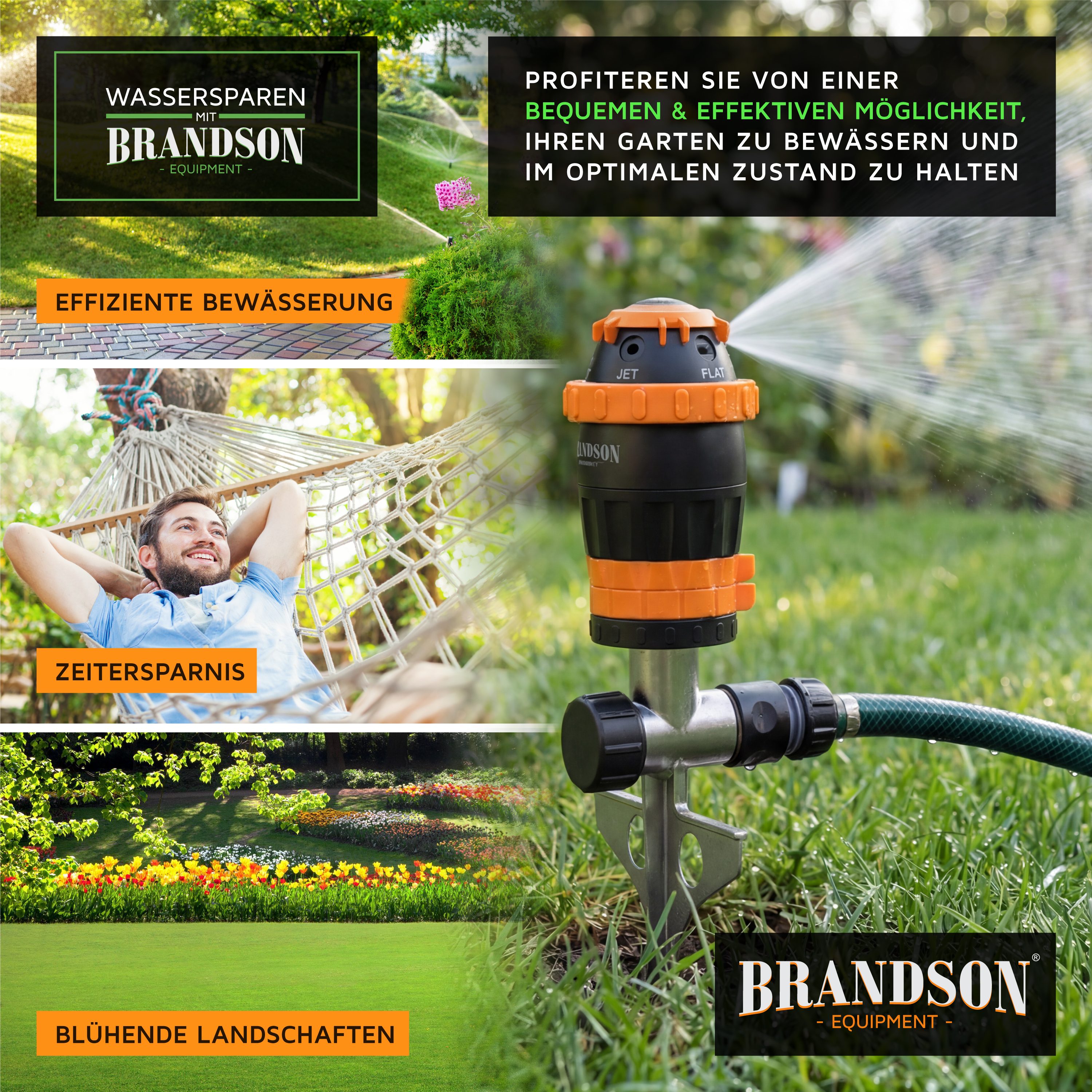 Brandson Bewässerungsgerät mit schwarzem und orangefarbenem Design, ausgestattet mit verschiedenen Sprühmodi für effiziente Gartenbewässerung.