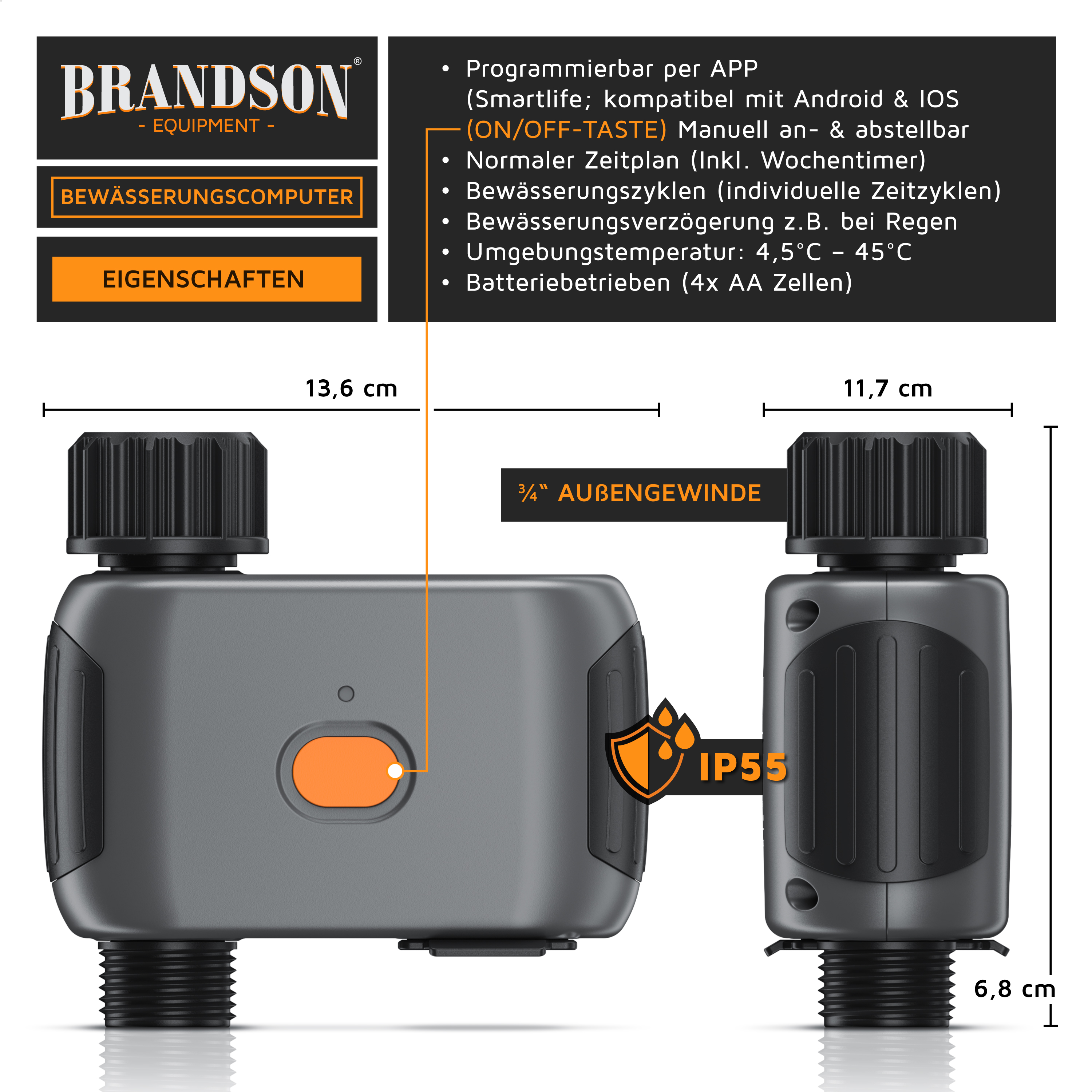Brandson Bewässerungscomputer in grauer Farbe mit orangefarbenem Bedienknopf und seitlichem Gewindeanschluss, wetterfest nach IP55.